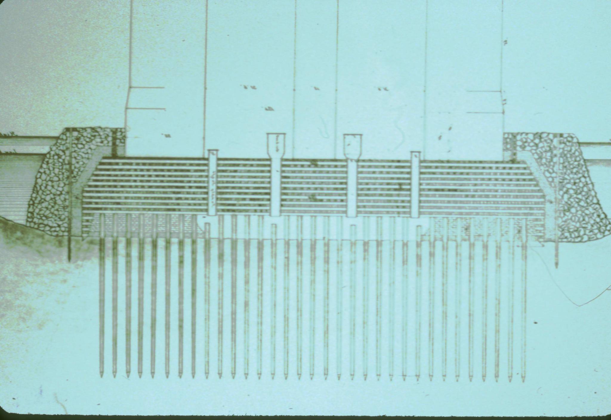 Cross-sectional drawing of unidentified bridge foundation showing pilings and…