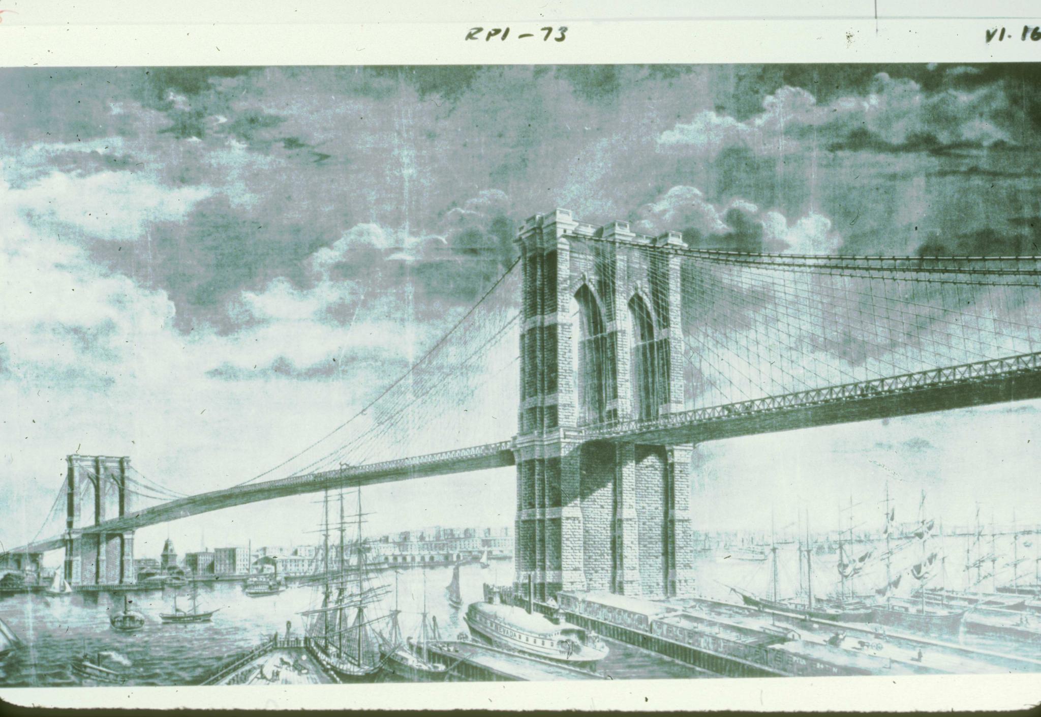 Unidentified drawing of the Brooklyn Bridge, probably from 1873.  Drawing shows…