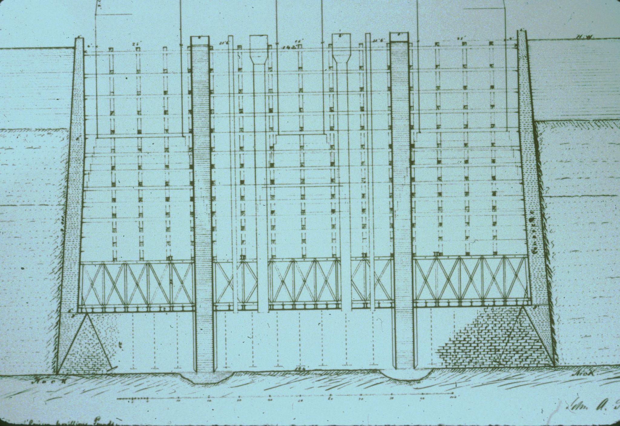 Drawing of a pier foundation of the Brooklyn Bridge.