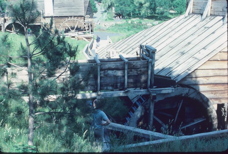 View of overshot water wheel (foreground) and undershot wheel (background)