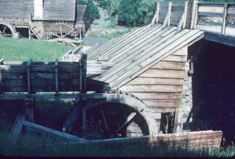 Overshot wheel at furnace, undershot and breast wheels by forge