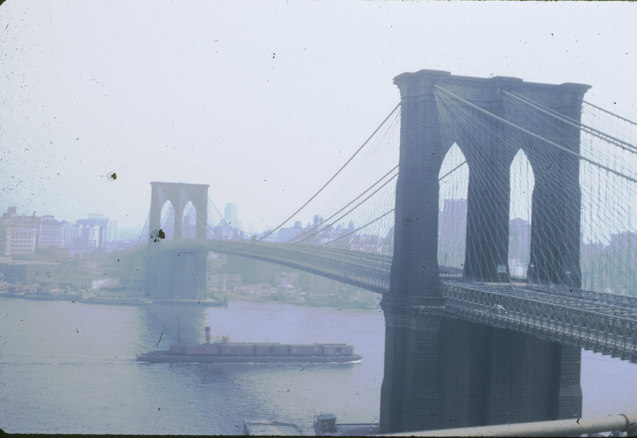 Three-quarter view of the Brooklyn Bridge from New York City.