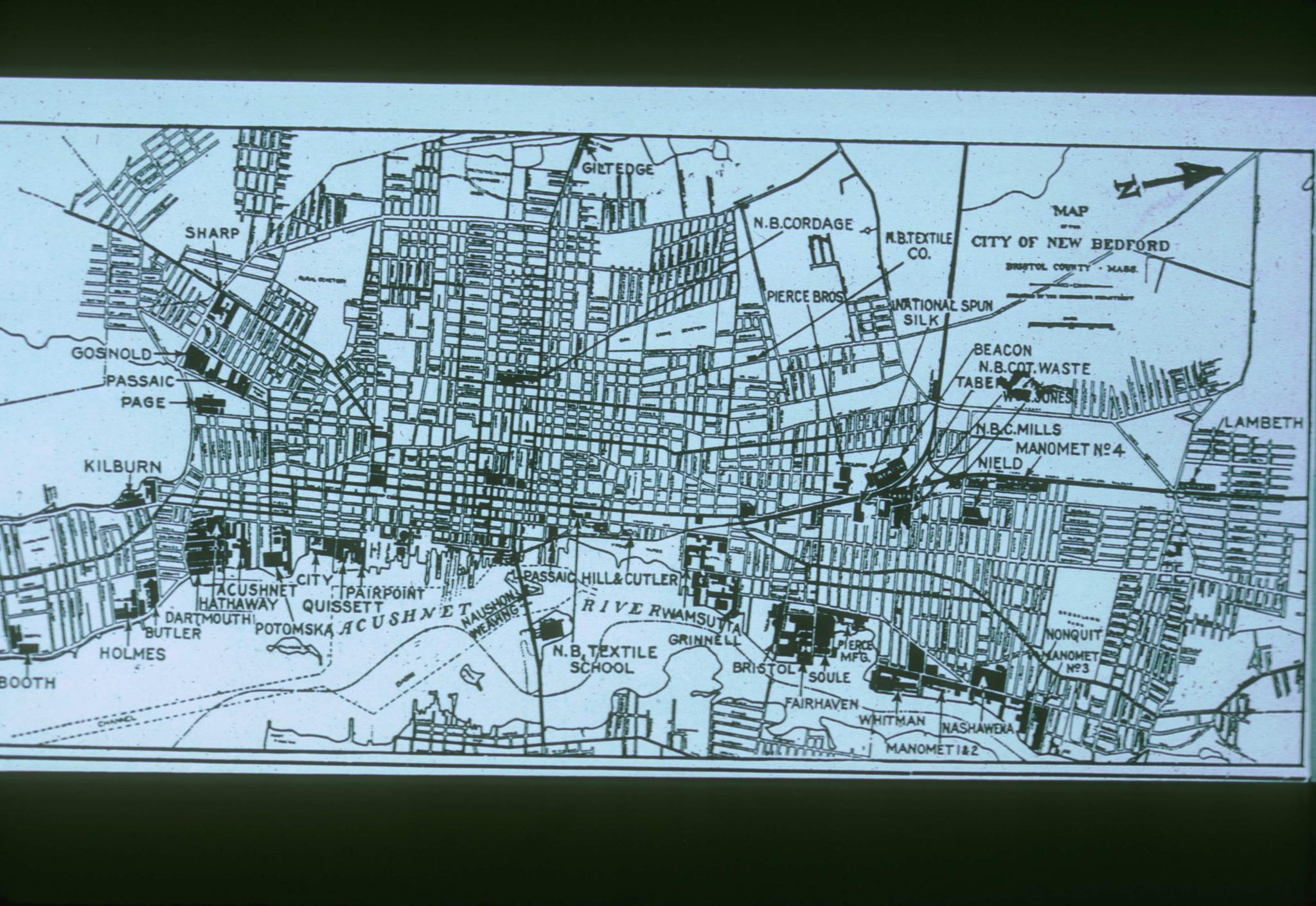 Historic map of New Bedford showing mill locations.