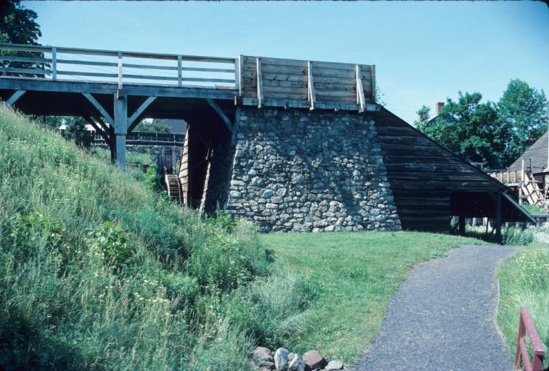 View of stone blast furnace and bridge to charging deck (reconstructed)