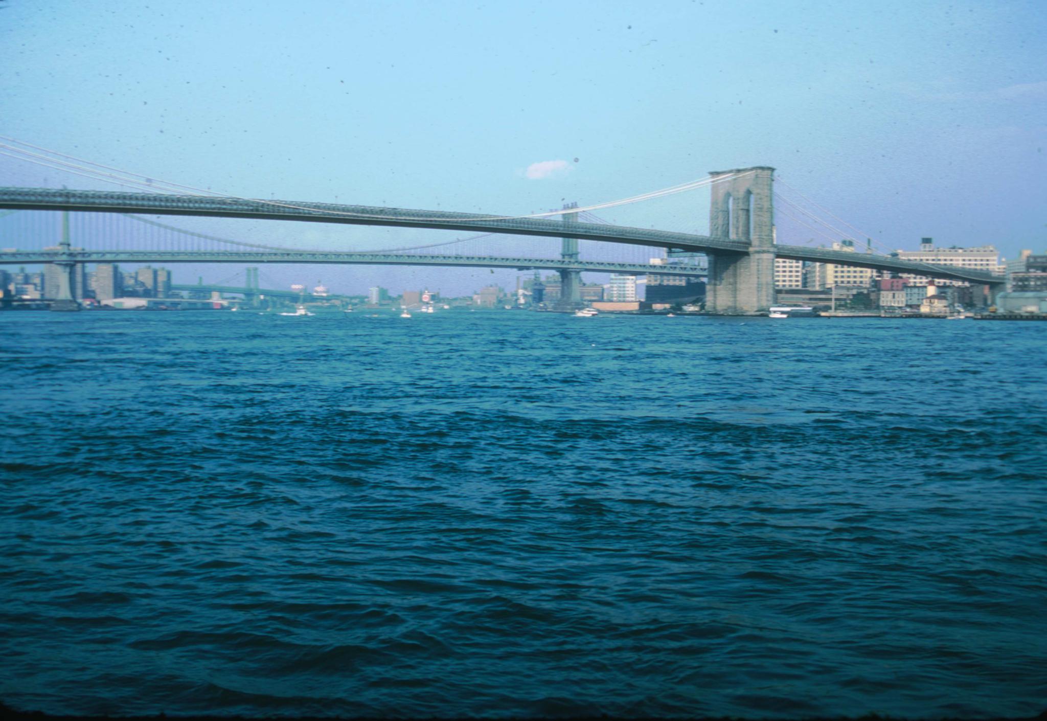 Photograph of the Brooklyn Bridge taken from the South Street Seaport Museum.