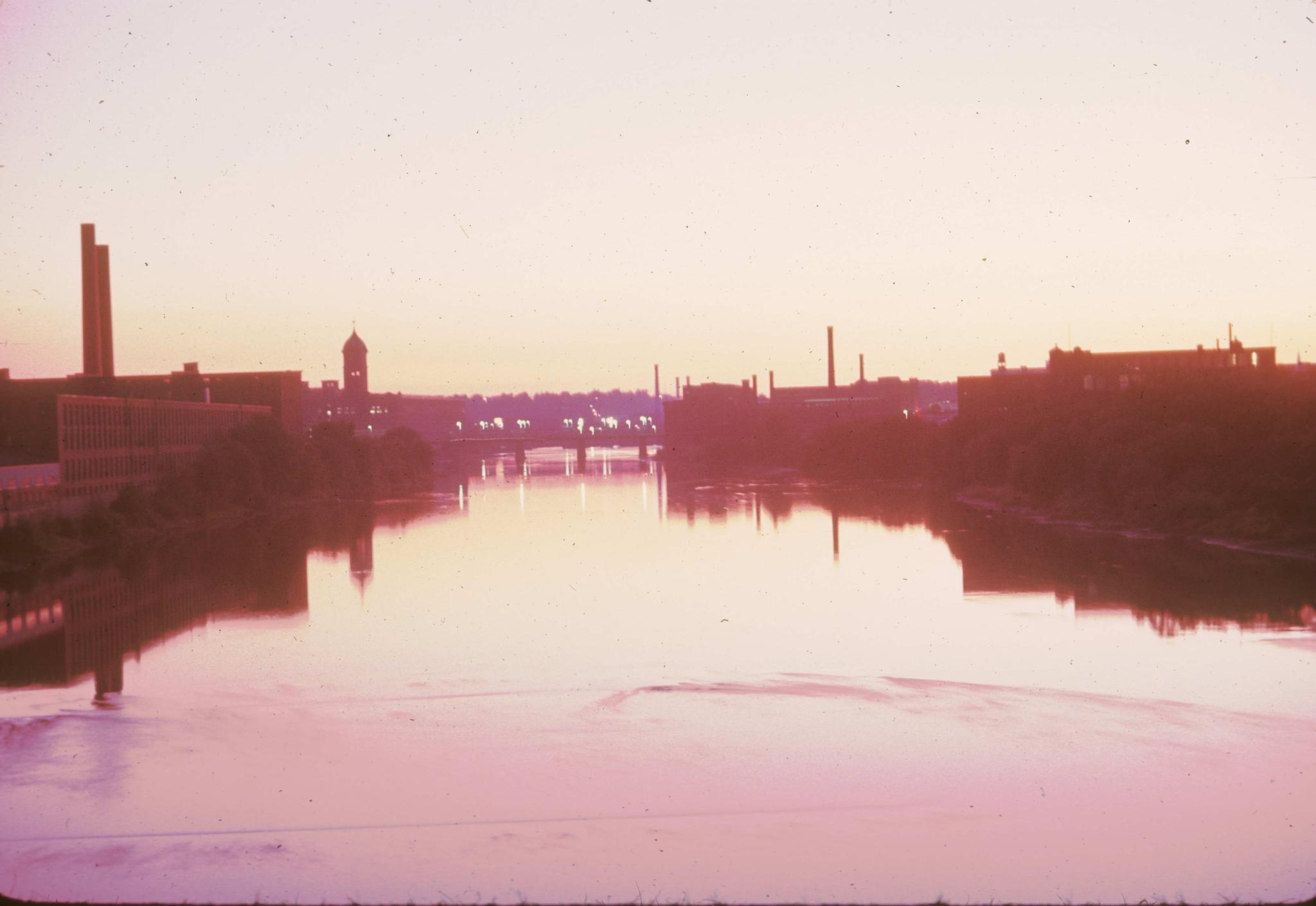 Photograph of the Merrimack River at sunset looking north from the 495 bridge…