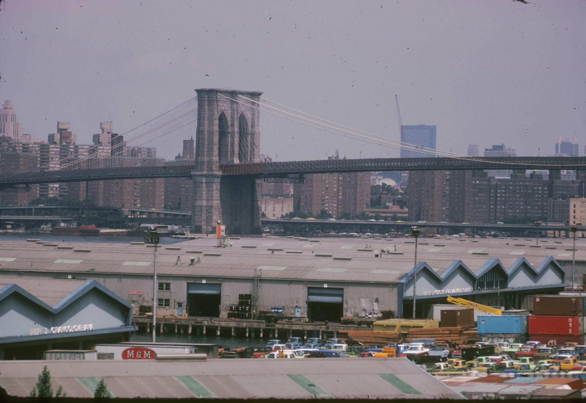 Photograph of Brooklyn Bridge from Brooklyn.  