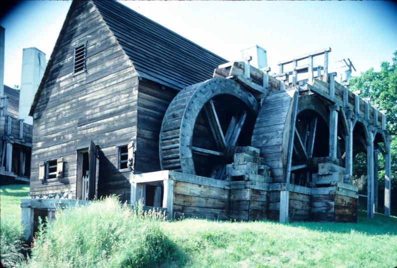 Overshot water wheels providing power to rolling/slitting mill