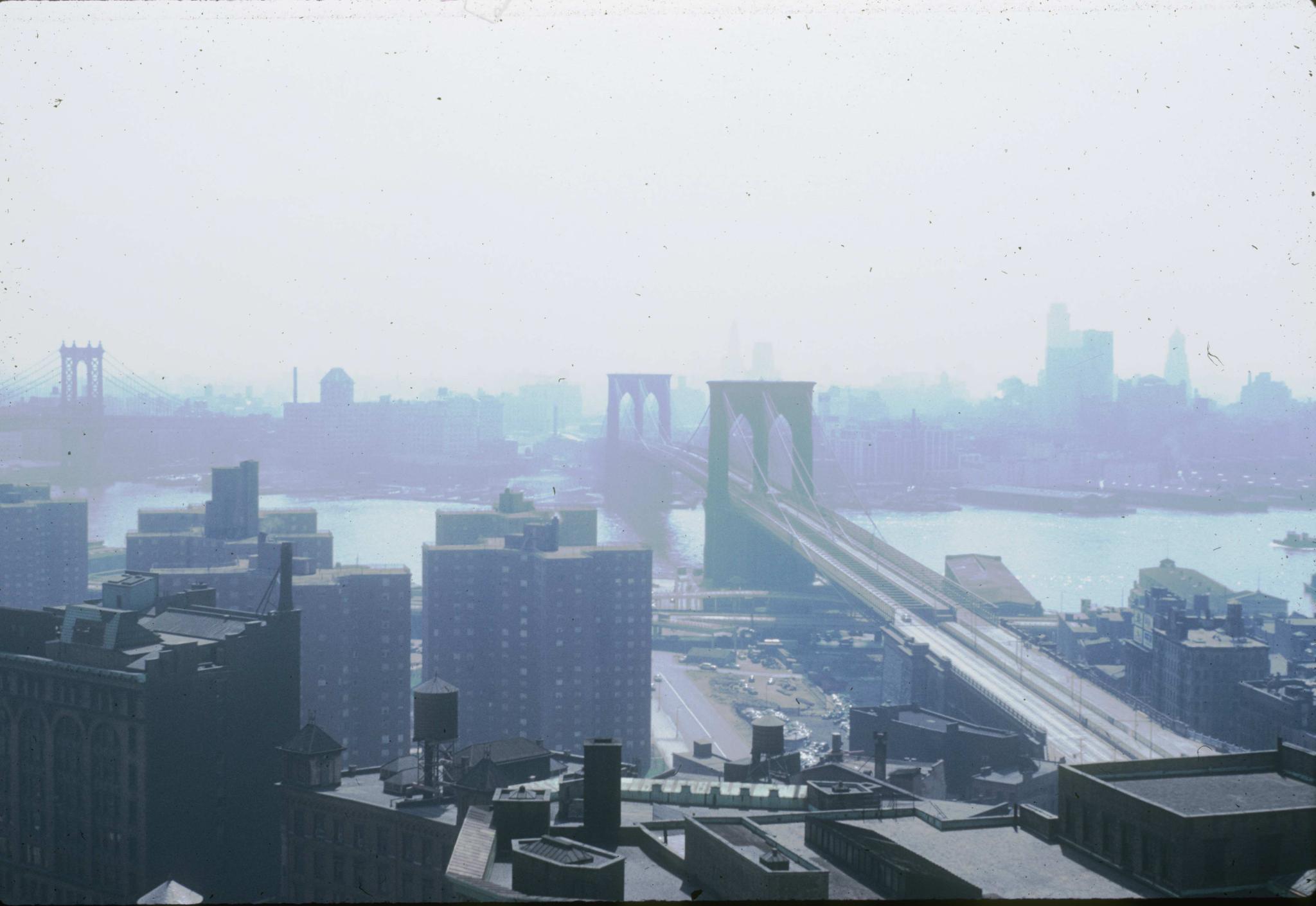 Three-quarter view of the Brooklyn Bridge taken from the Municipal Building.