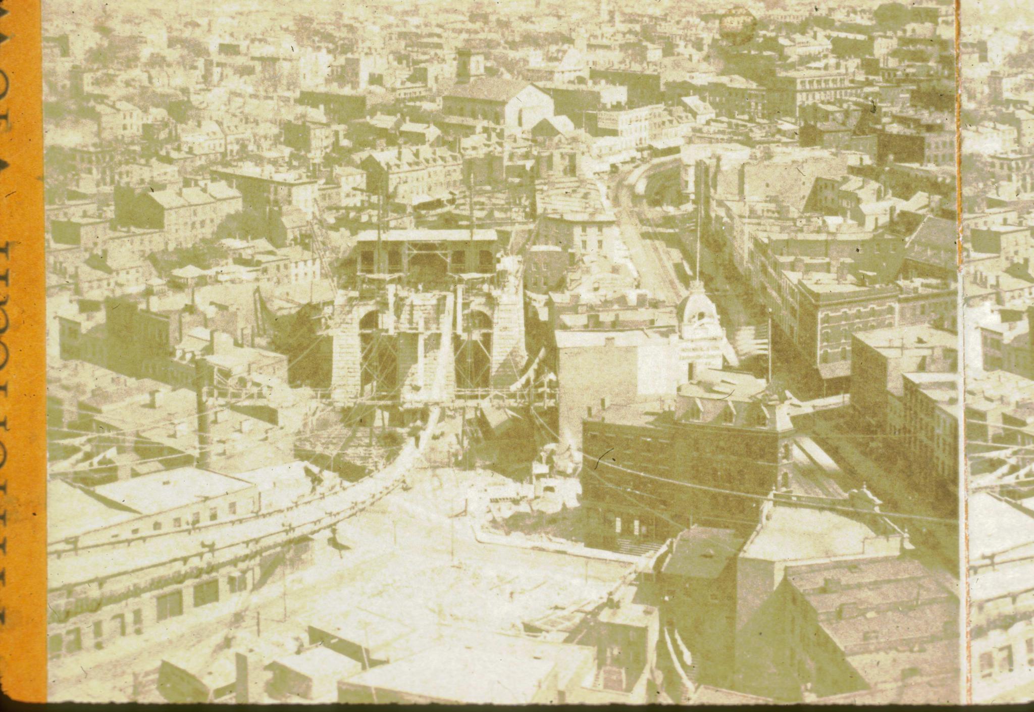 Historic photograph of a Brooklyn Bridge anchorage taken from one of the towers…