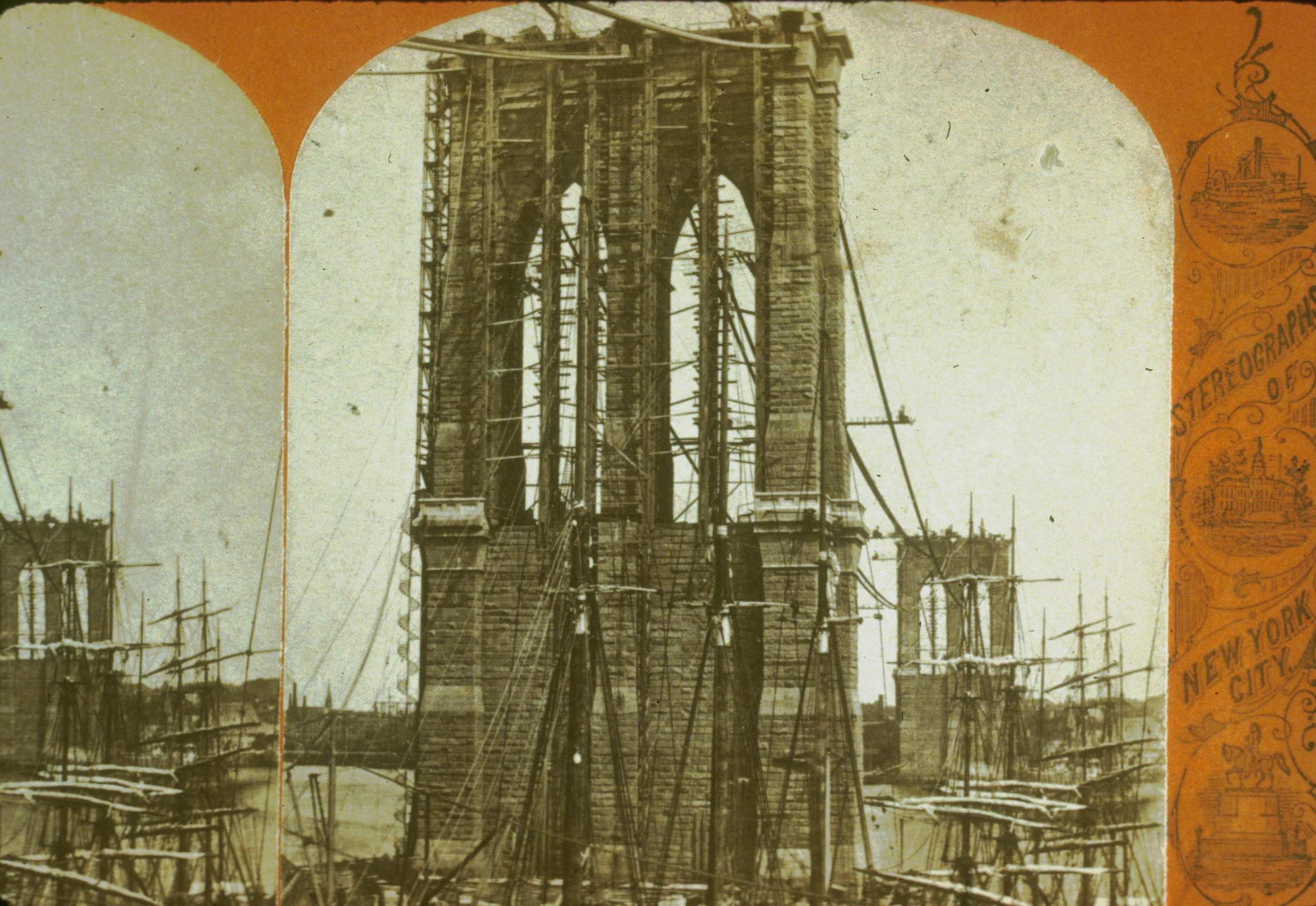 Historic photograph of cable making on the Brooklyn Bridge circa 1877.…