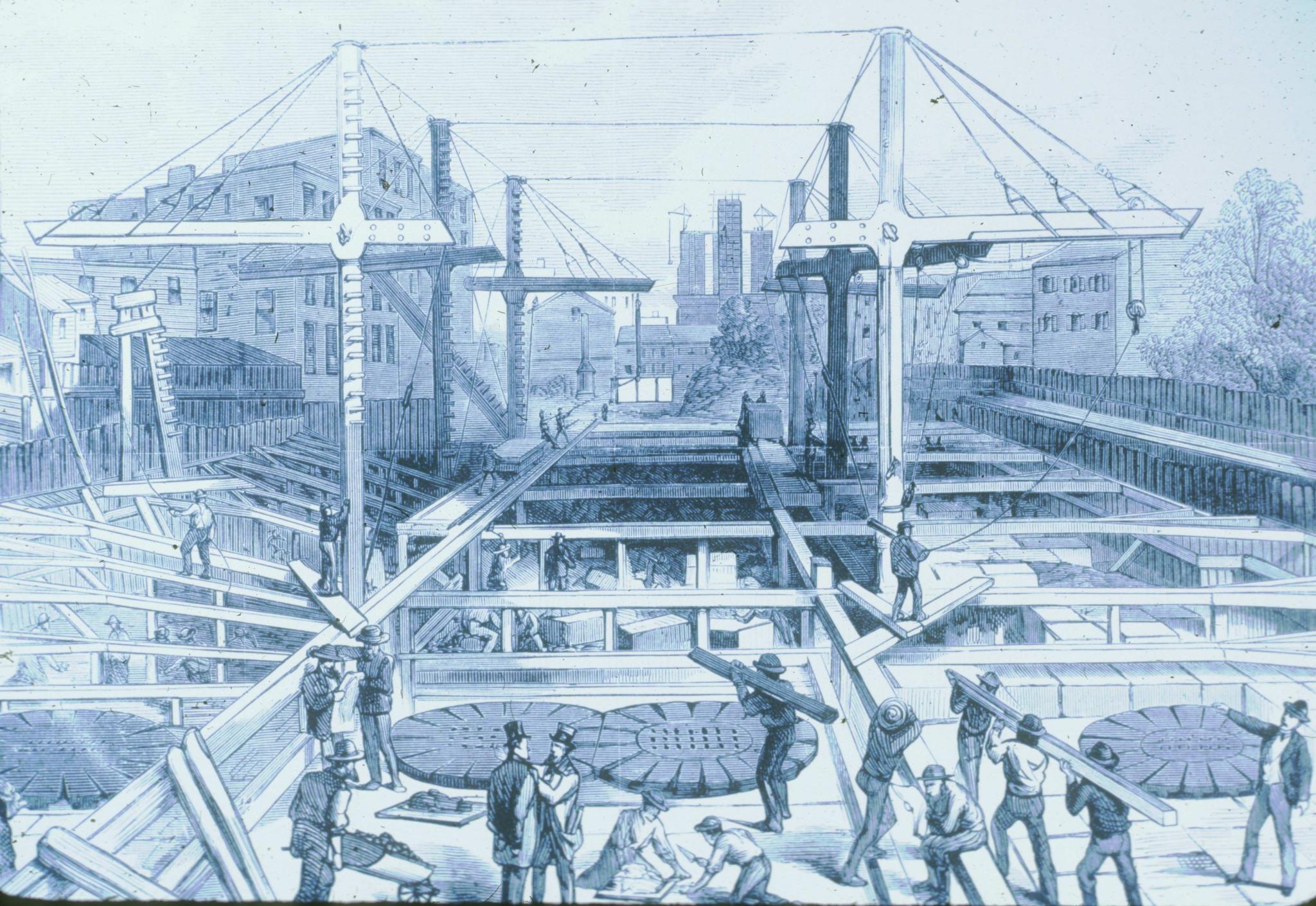 Historic drawing of a Brooklyn Bridge anchorage showing the "mushrooms…