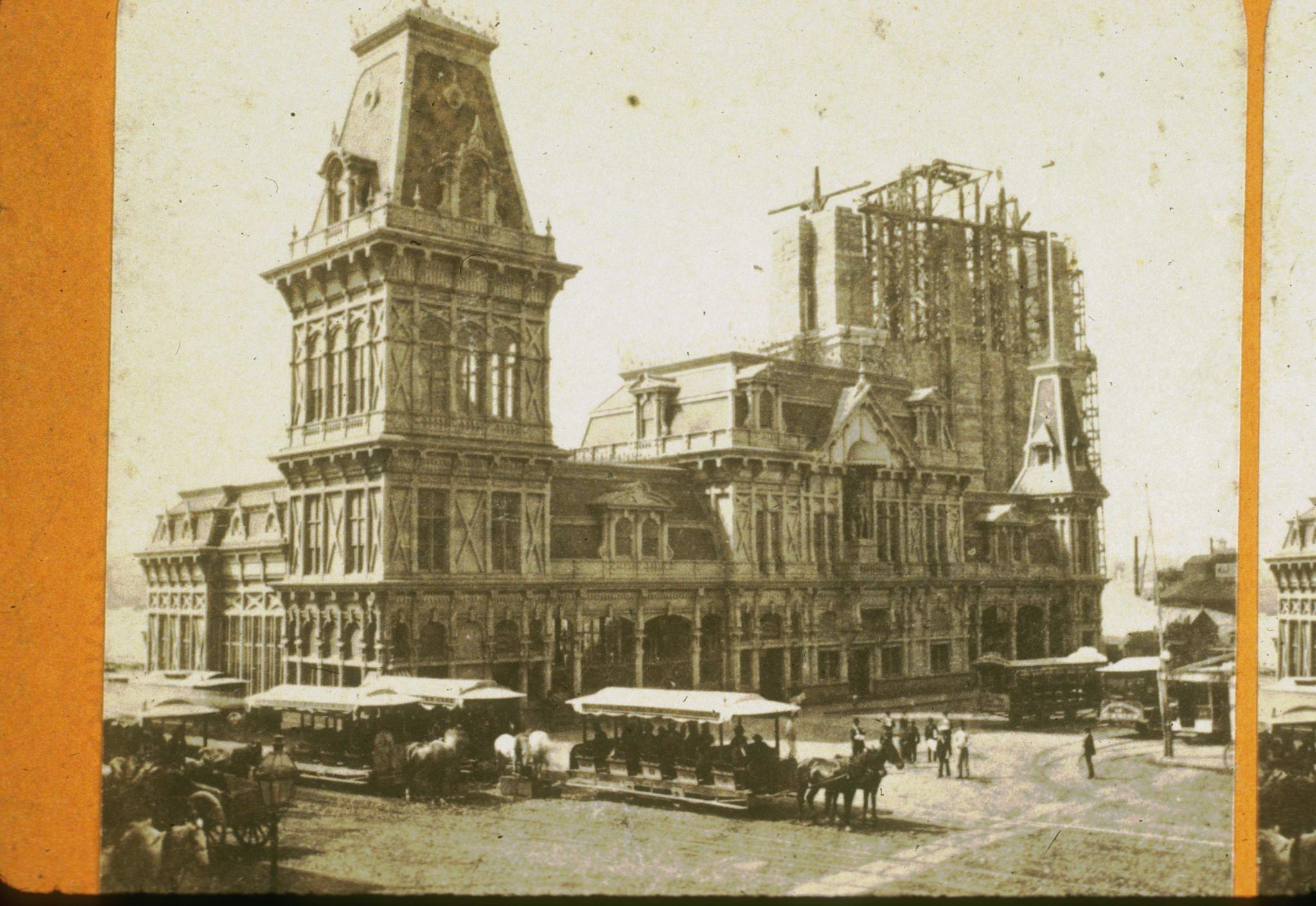 Historic photograph of the Brooklyn Tower of the bridge circa 1873.  Photograph…