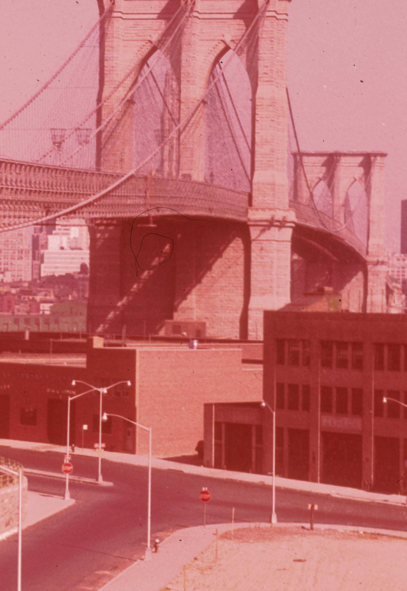 Professional slide of Brooklyn Bridge focusing on the towers from the New York…