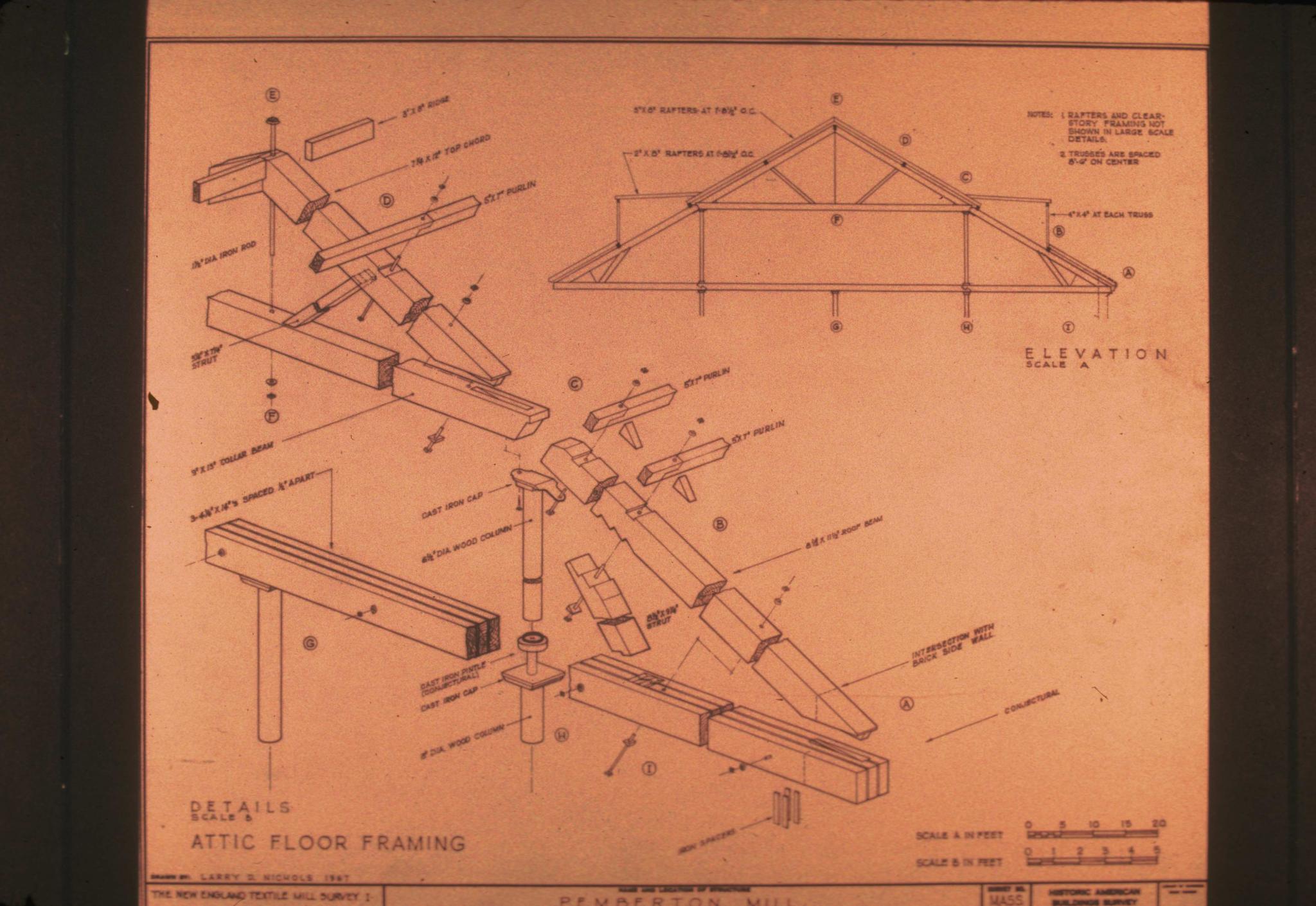 HABS drawing of the roof trusses of the mill.  Drawing from the New England…