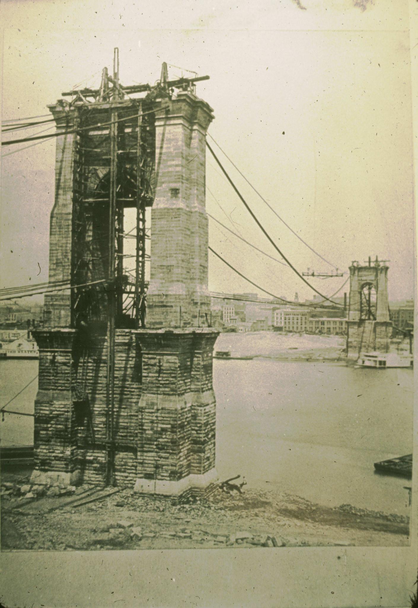 Historic photograph of cable construction on the Cincinnati Bridge circa 1865.  