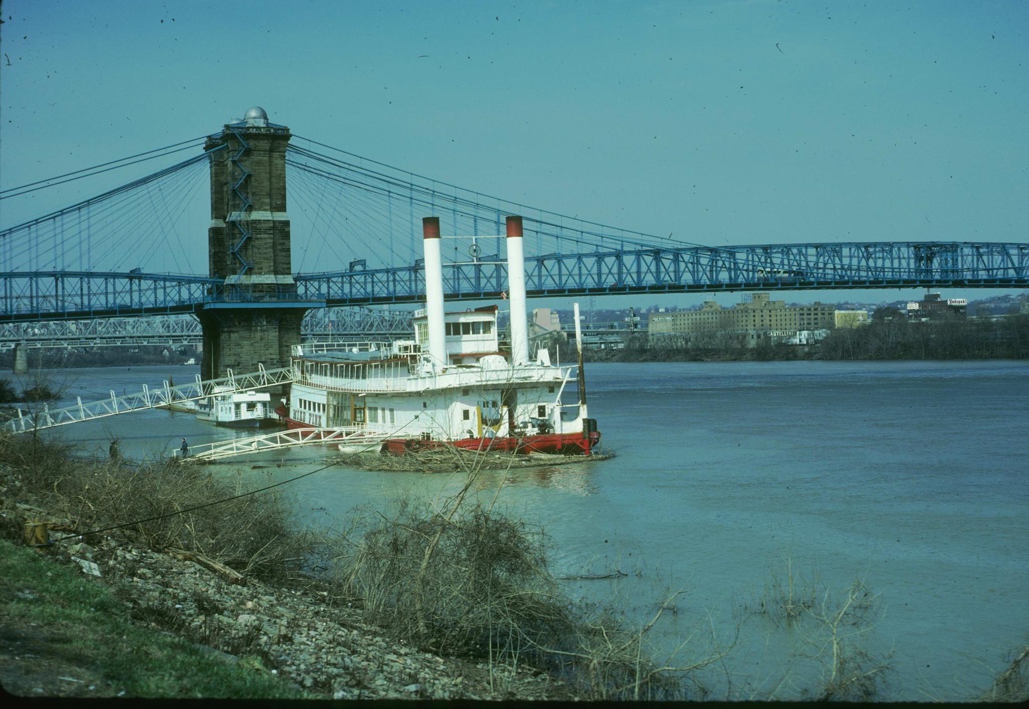 Photograph of the Cincinnati Bridge showing good details of one of the towers…