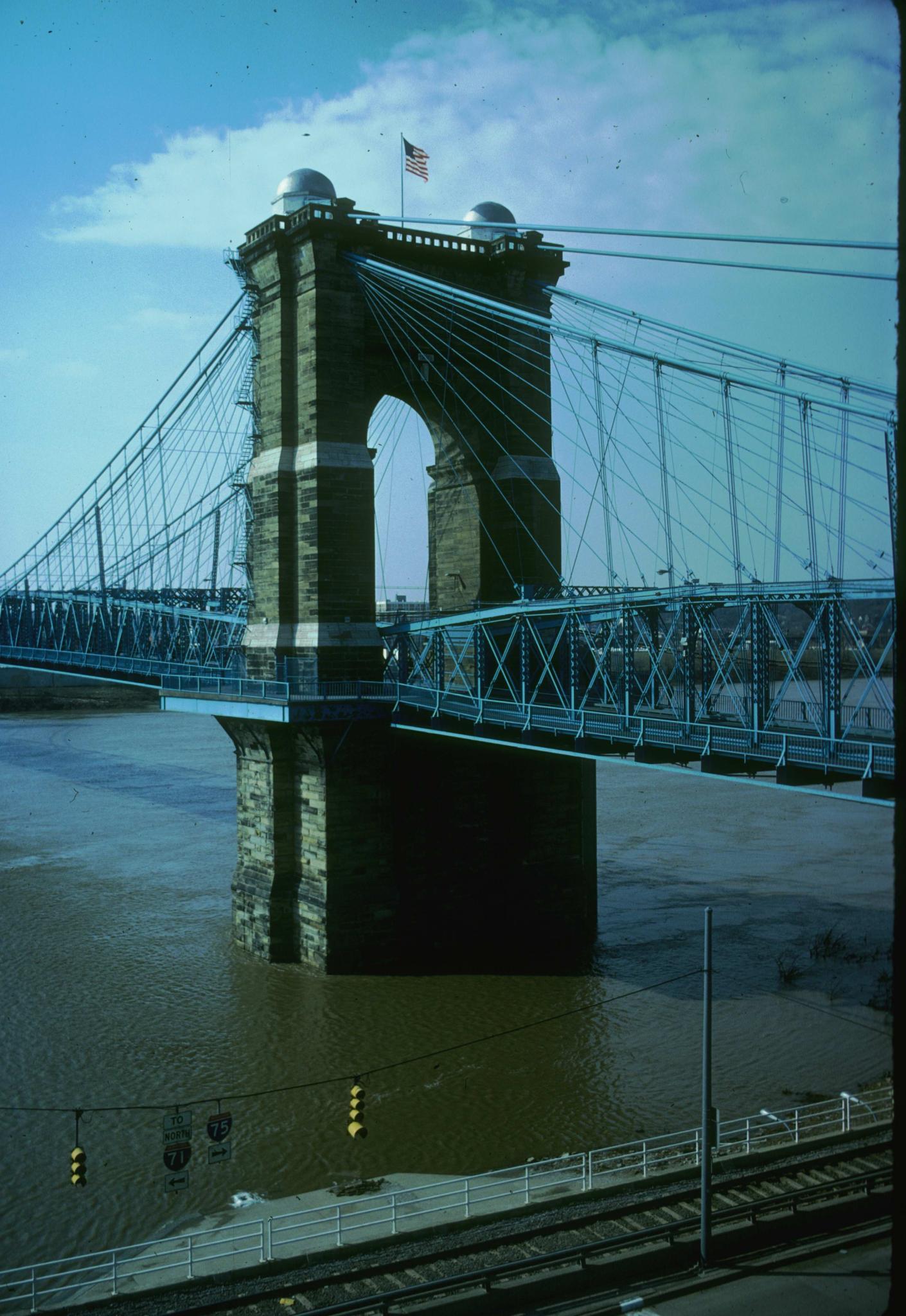 Photograph of one of the towers of Roebling's Cincinnati Bridge.