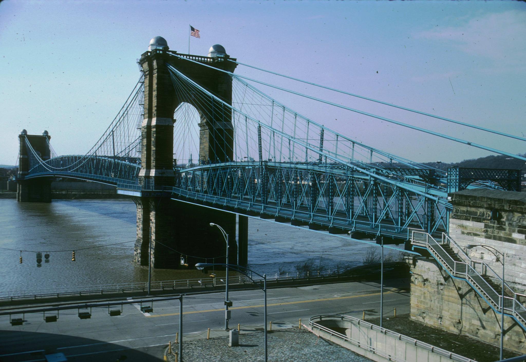 Photograph of Roebling's Cincinnati Bridge.