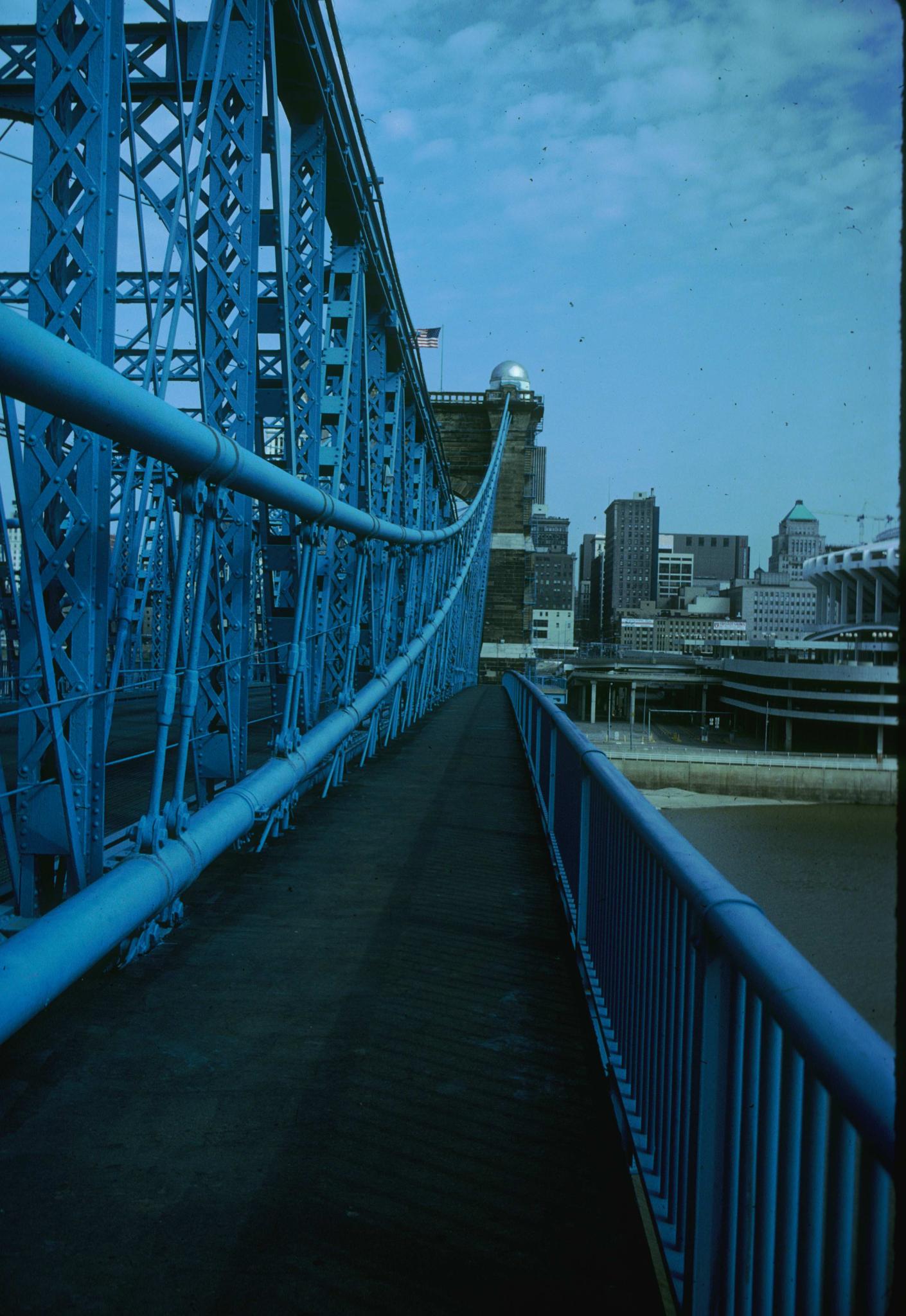 Photograph along the pedestrian walkway of Roebling's Cincinnati Bridge.