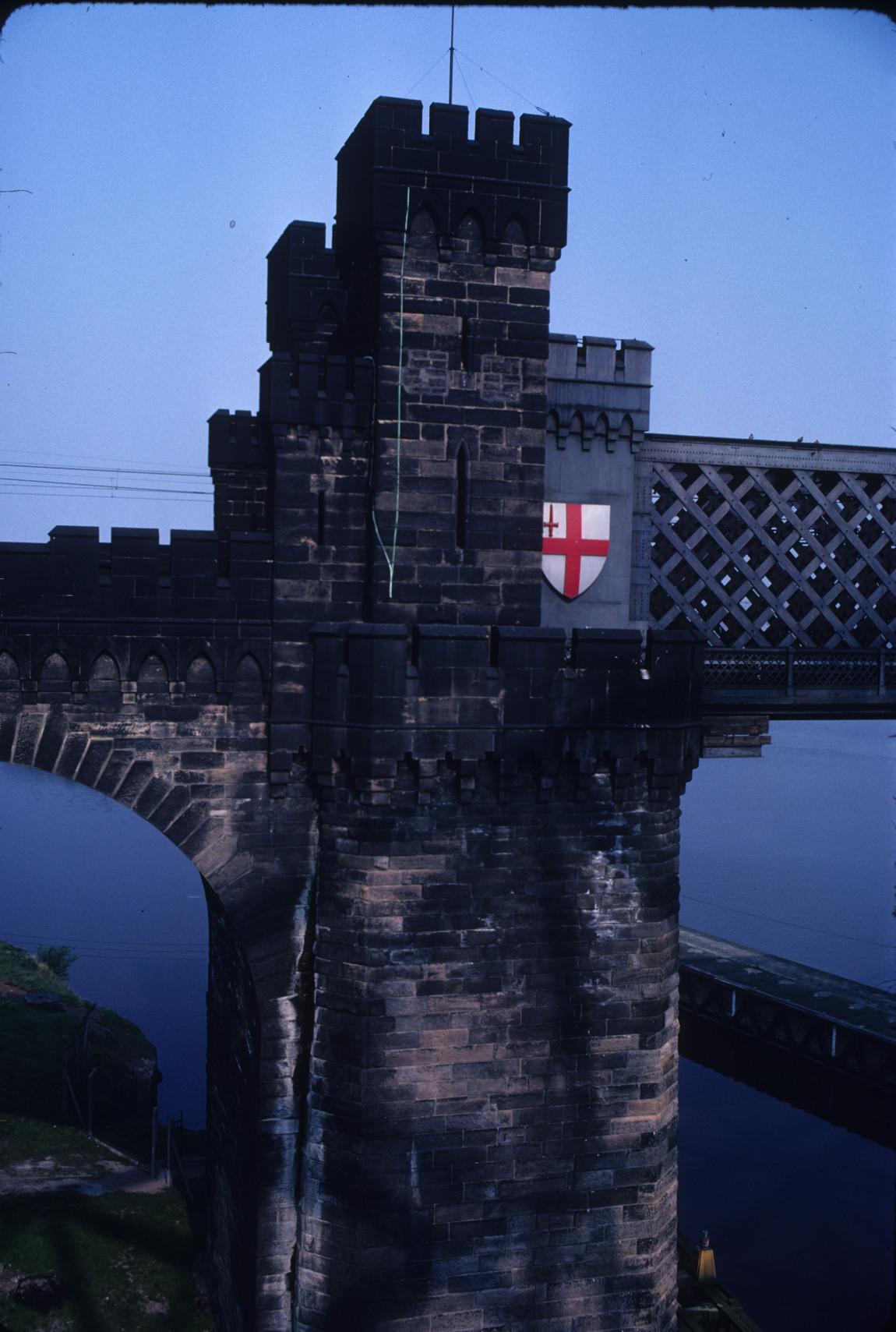 View of the East face of the Runcorn Railway Bridge, over the River Mersey.