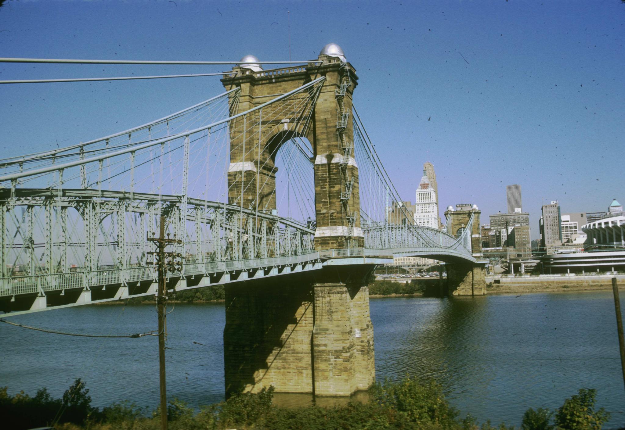 Photograph of Roebling's Cincinnati suspension bridge.  