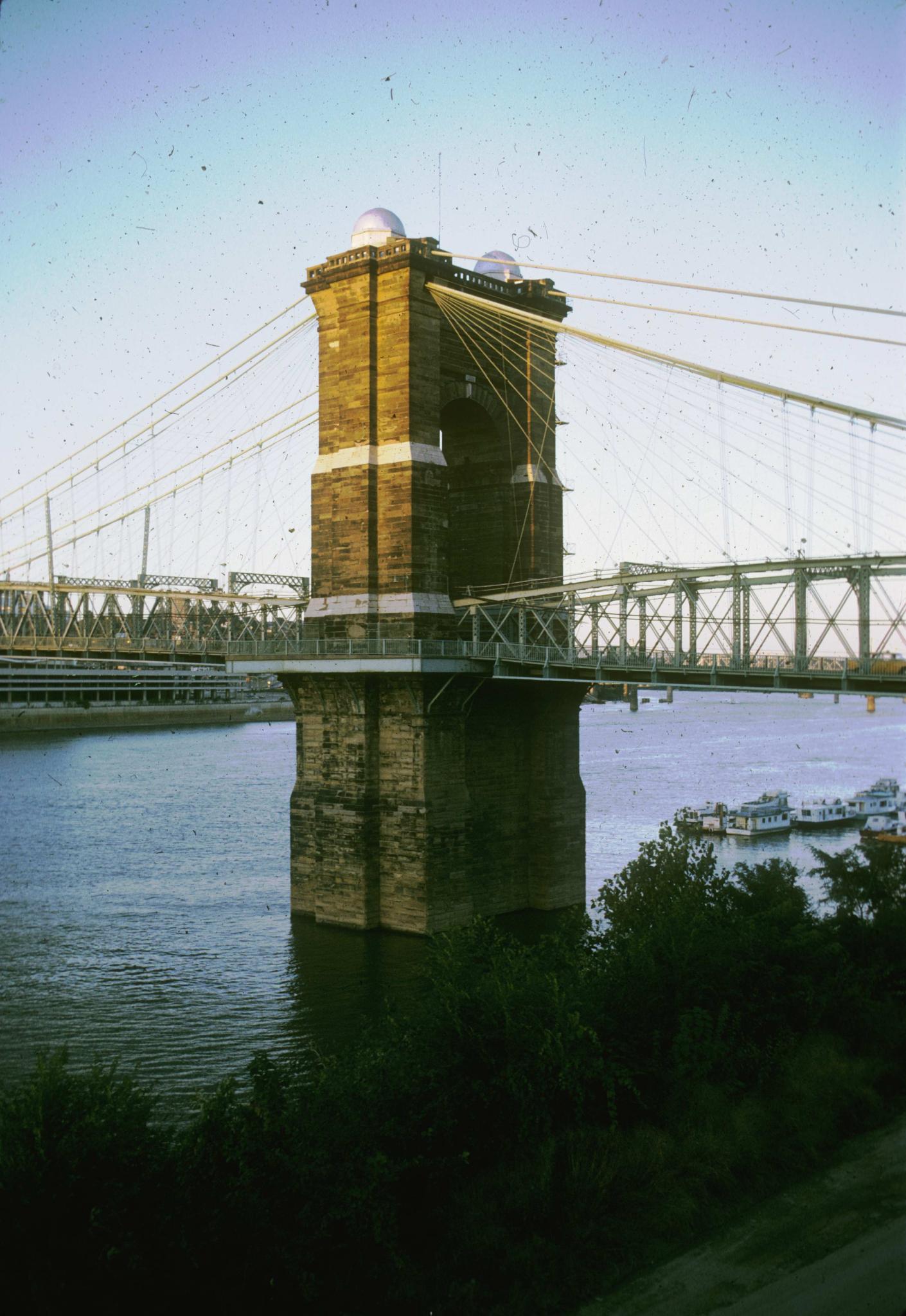 Photograph of a tower of Roebling's Cincinnati Bridge.