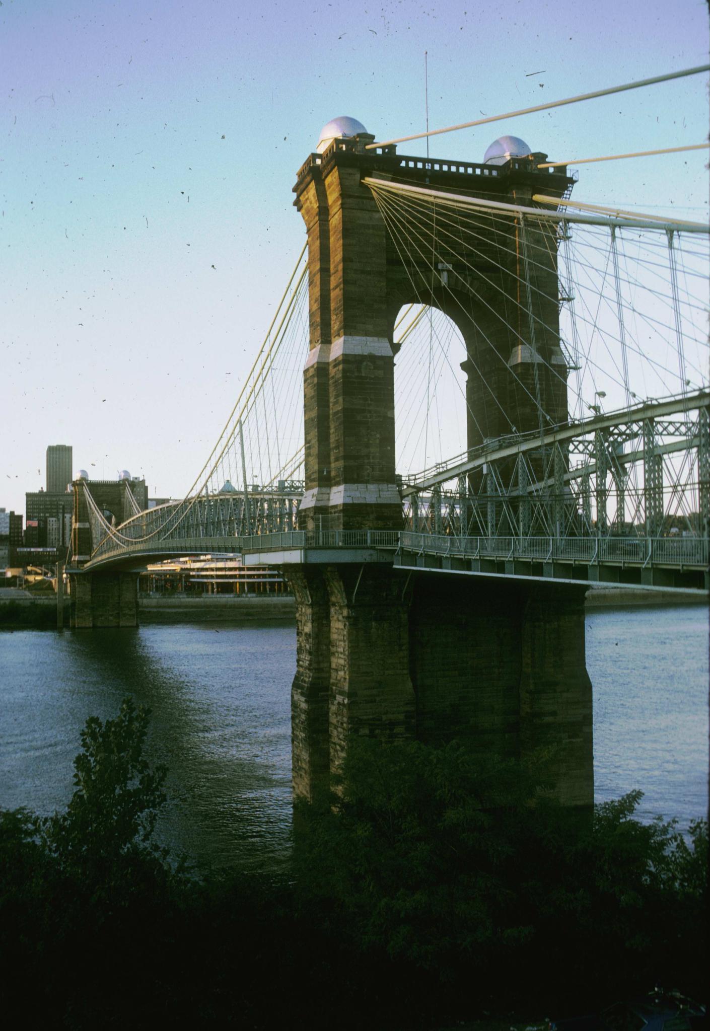 Photograph of Roebling's Cincinnati suspensions bridge.