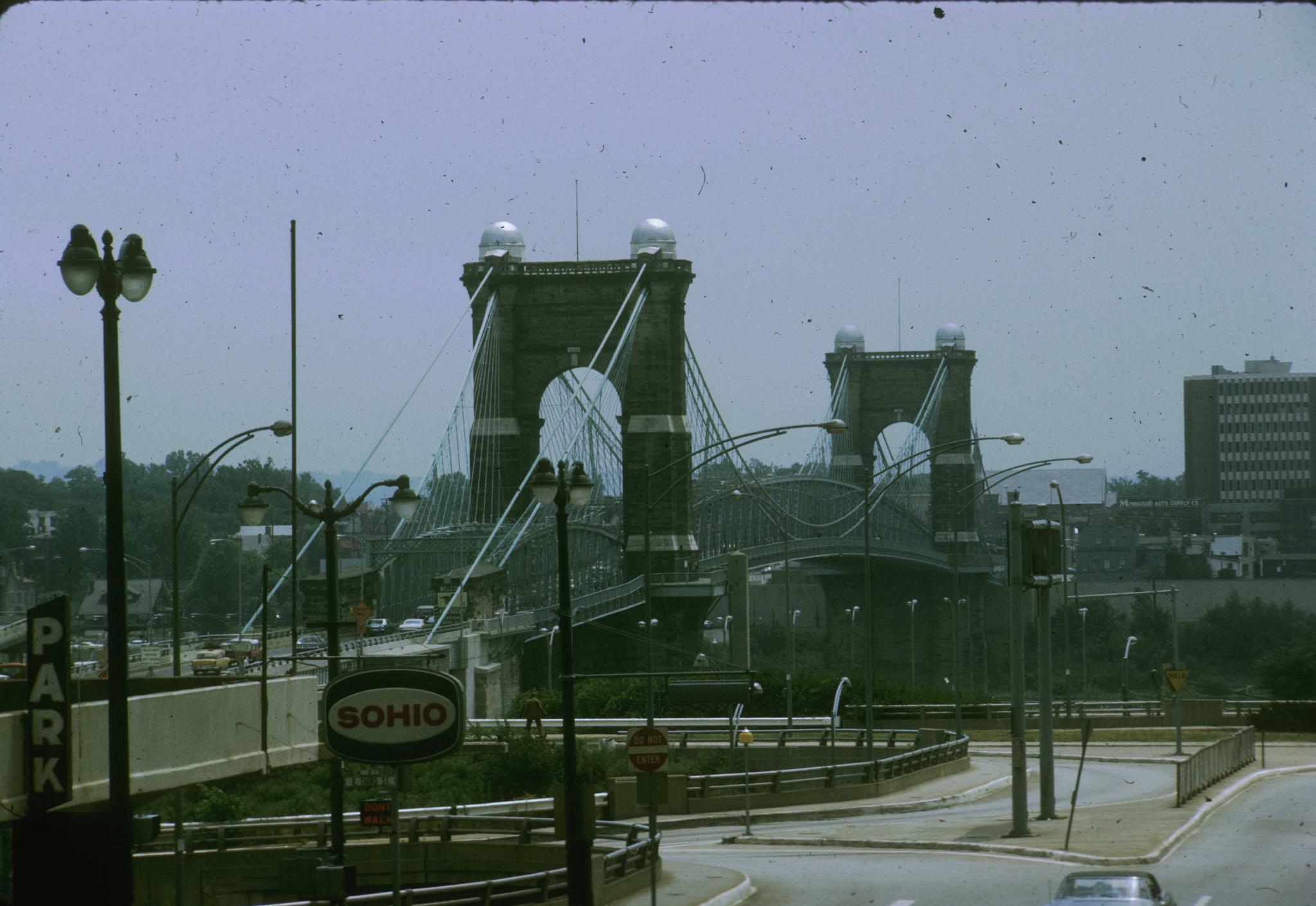 Photograph of Roebling's Cincinnati suspension bridge from Ohio looking…