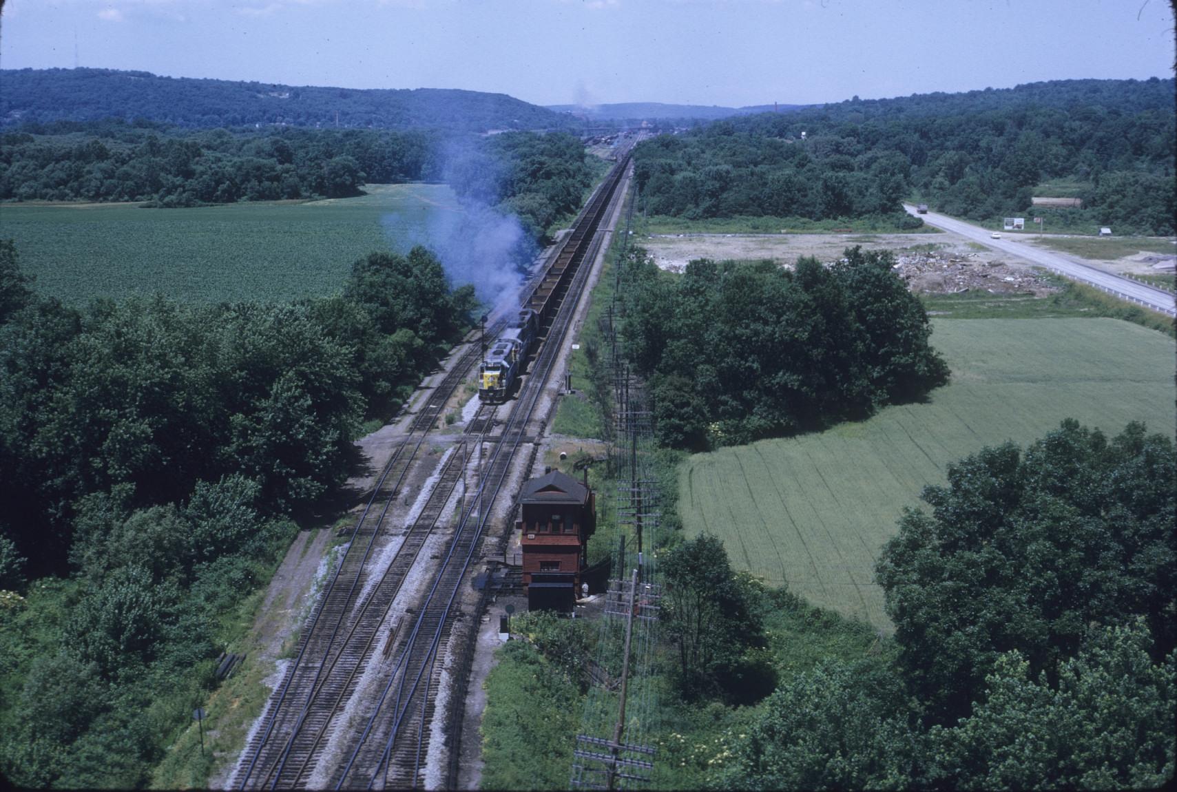 South of Meadville, PennsylvaniaAerial view with train of empty hoppers,…