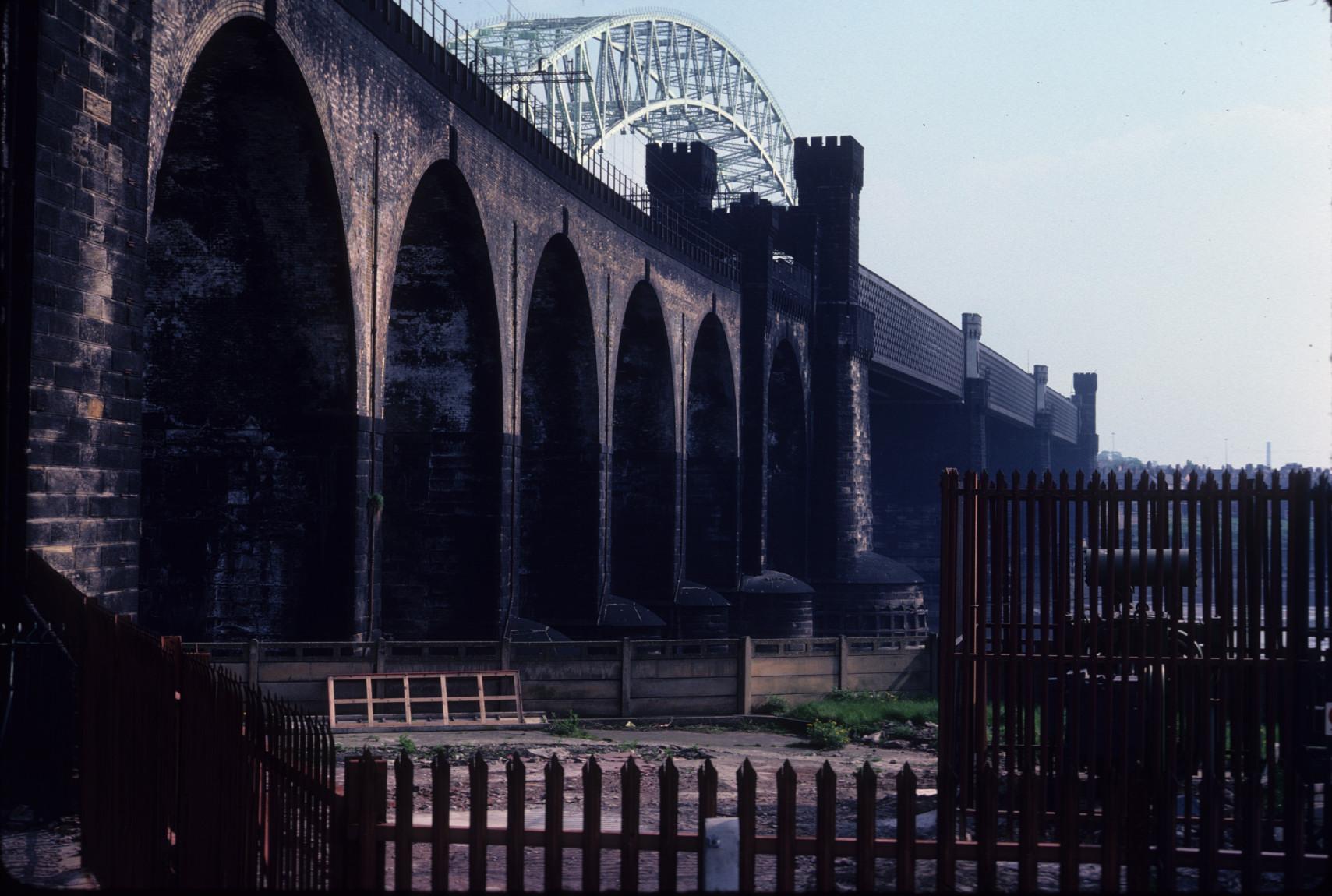 West face of the Runcorn Railway Bridge over the River Mersey. The top of the…