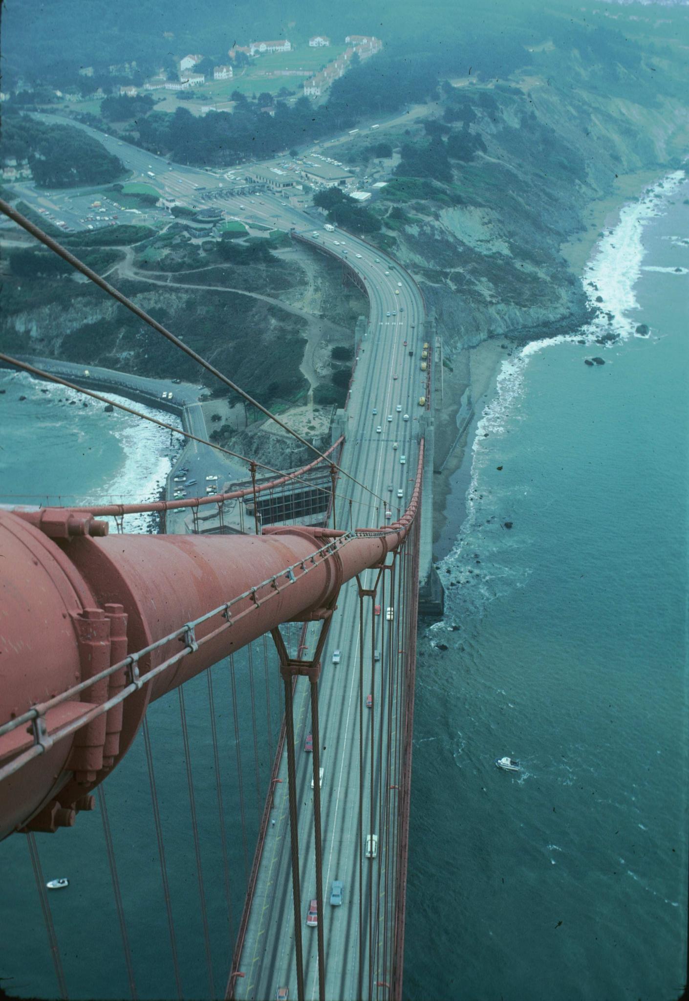 Photograph of the cables of the Gold Gate Bridge taken from one of the towers…