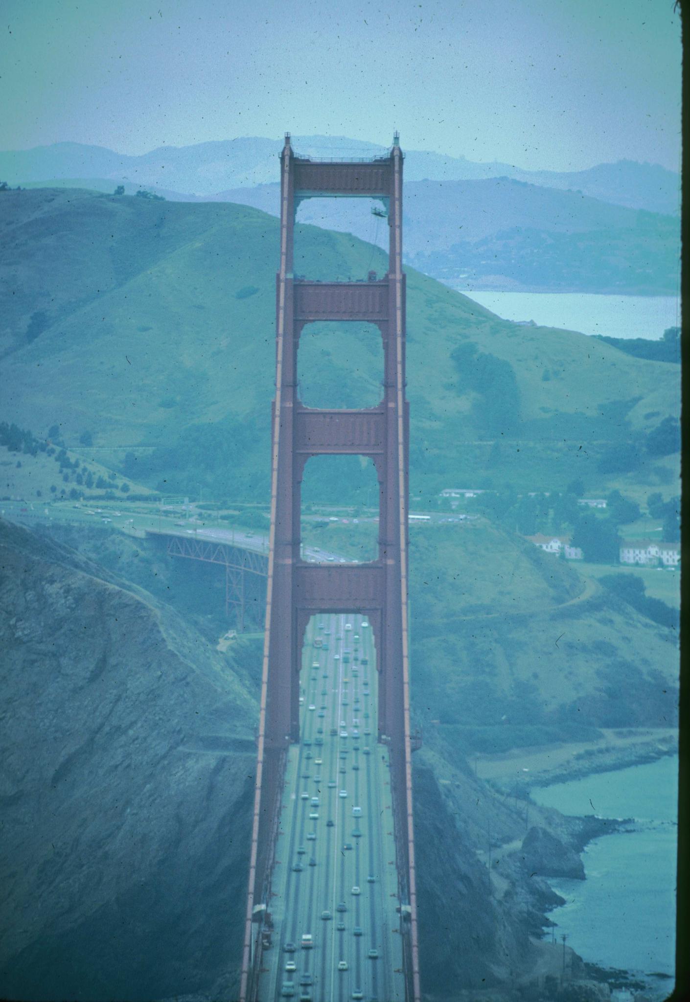 Photograph of the north tower of the Golden Gate bridge taken from the south…