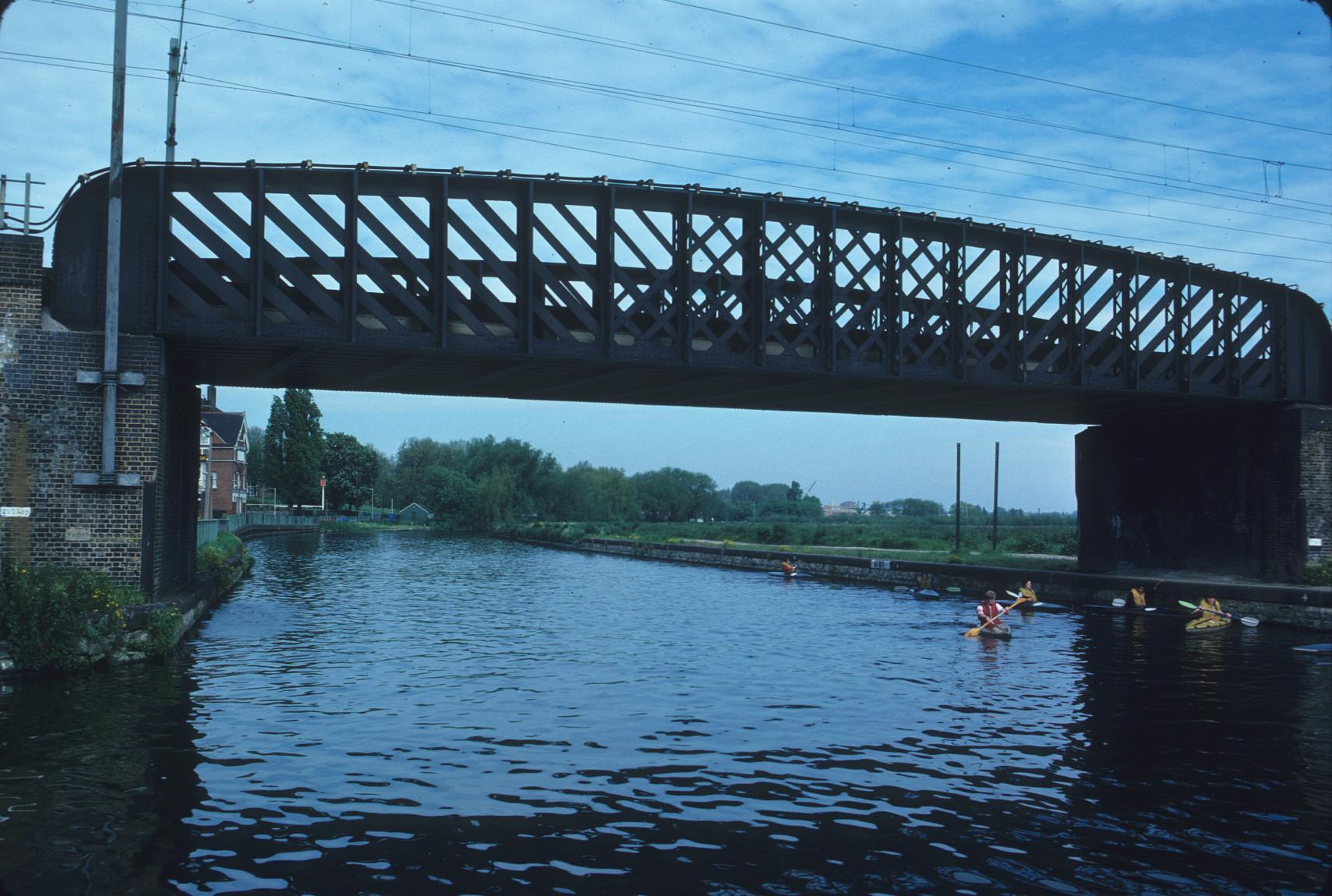 unknown iron bowstring railroad truss bridge over Lee Navigation, London.