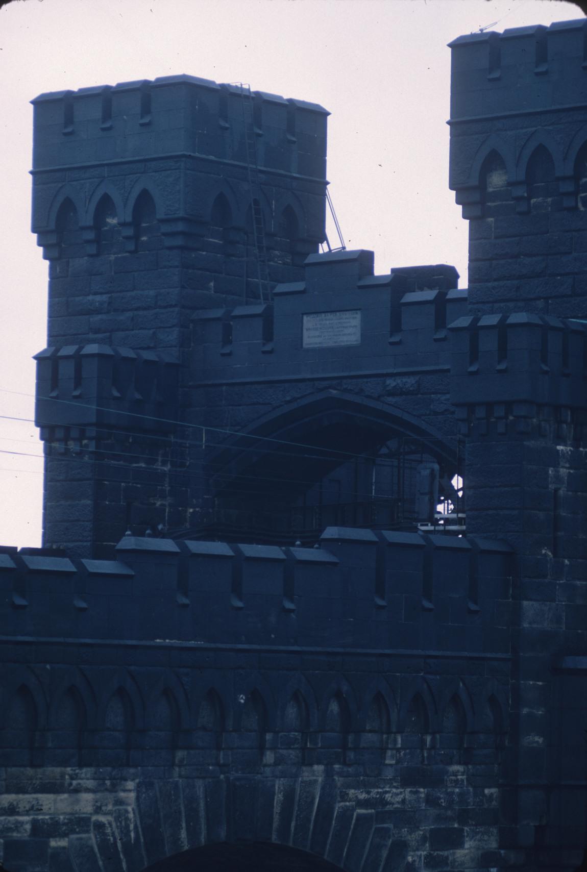 Towers and archway on the Runcorn Railway Bridge over the River Mersey.