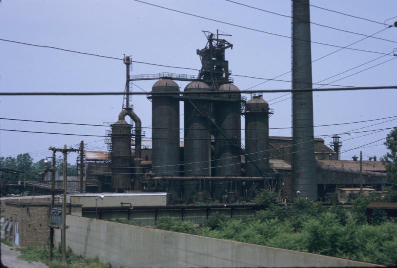 View of blast furnace and other structures.