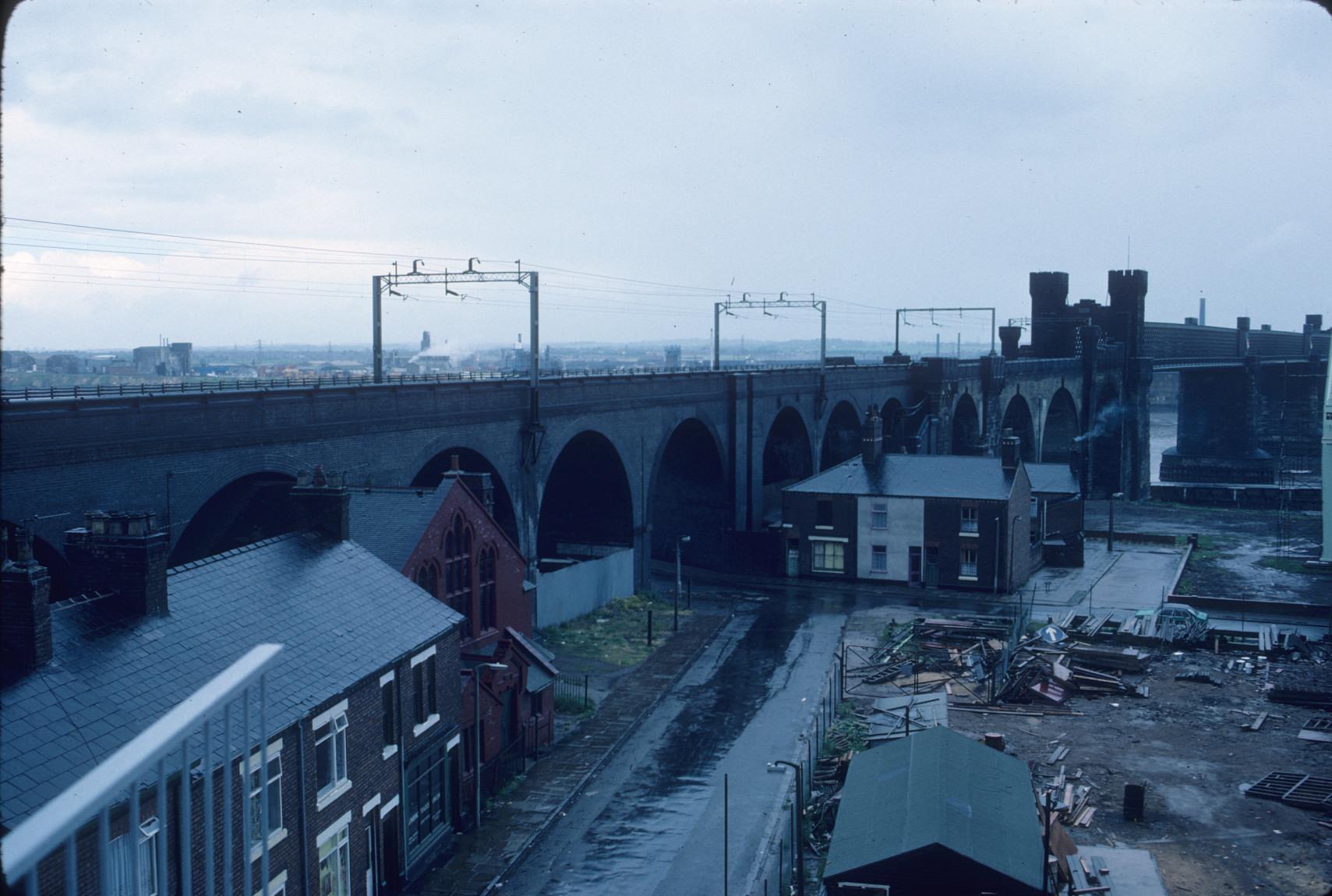 East face of viaduct leading to Runcorn Railway Bridge over River Mersey.