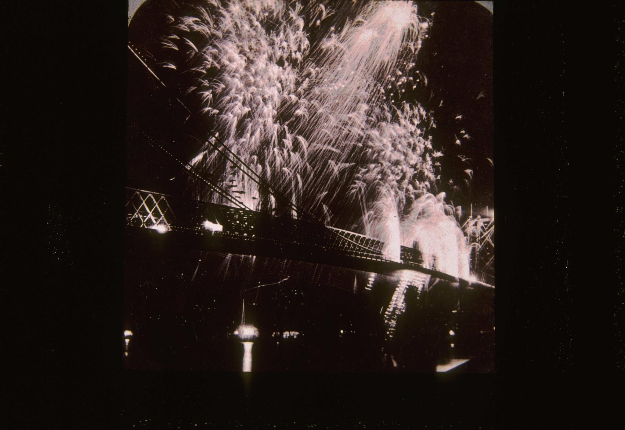 Historic photograph of the fireworks at the opening of the bridge in 1903.  