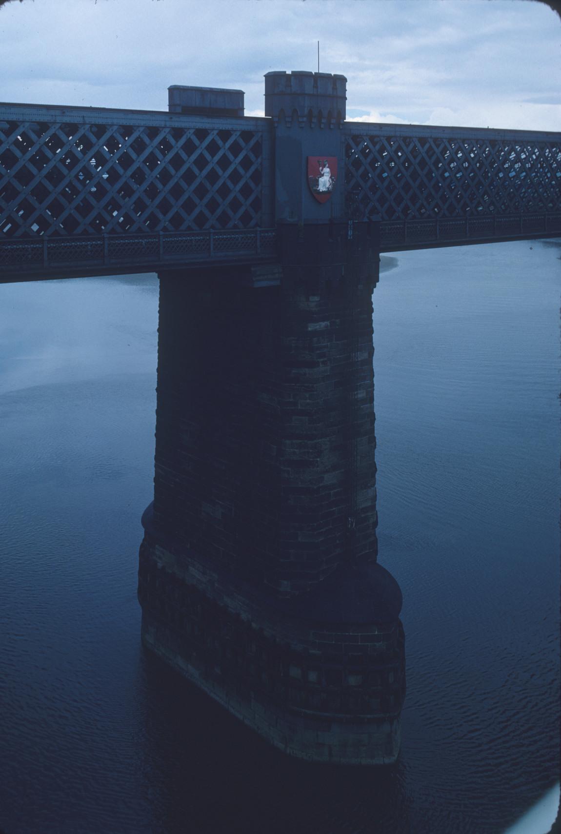 East face of the Runcorn Railway Bridge over the River Mersey. The shield…