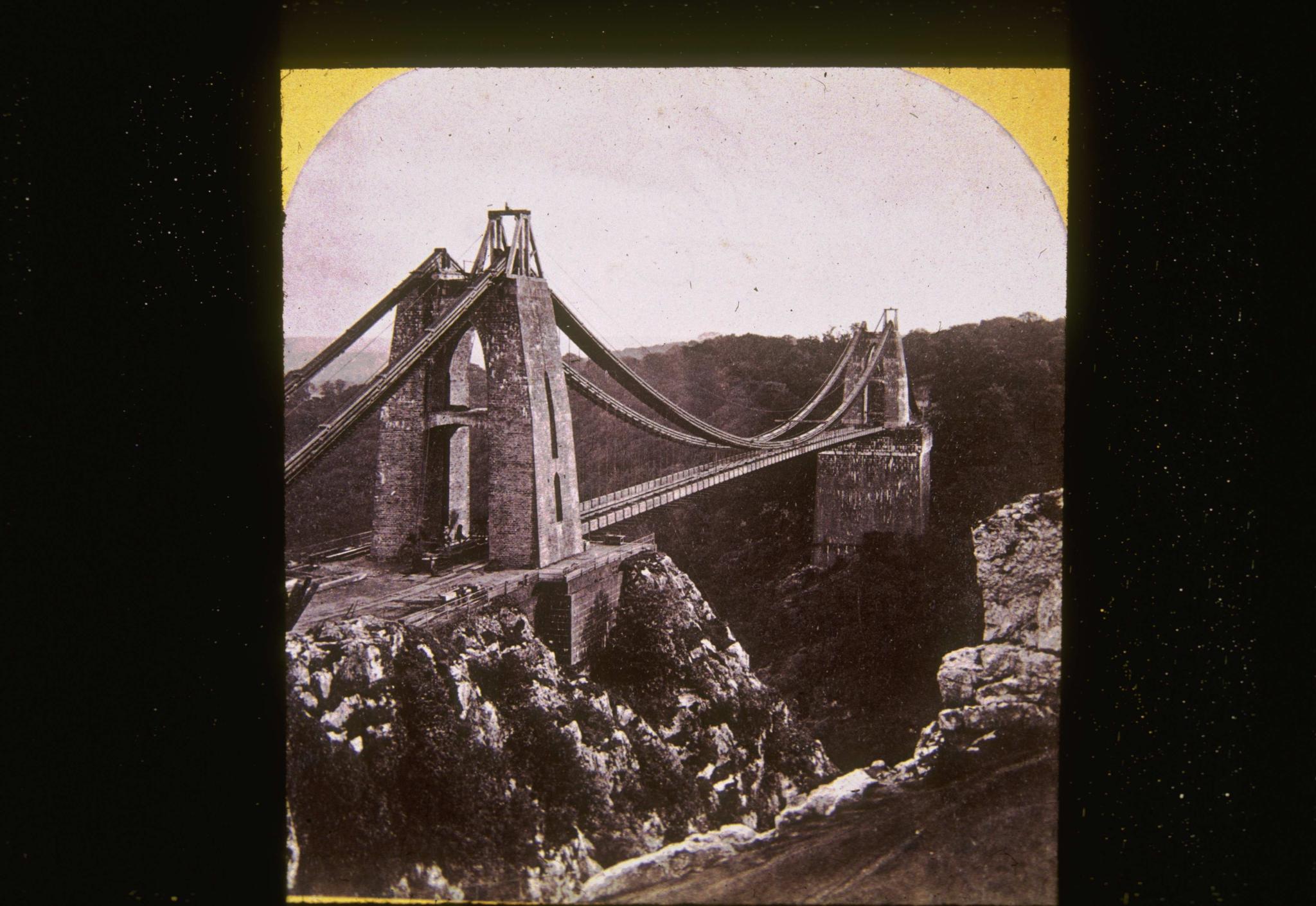 Historic photograph of the Clifton bridge under construction circa 1858.…