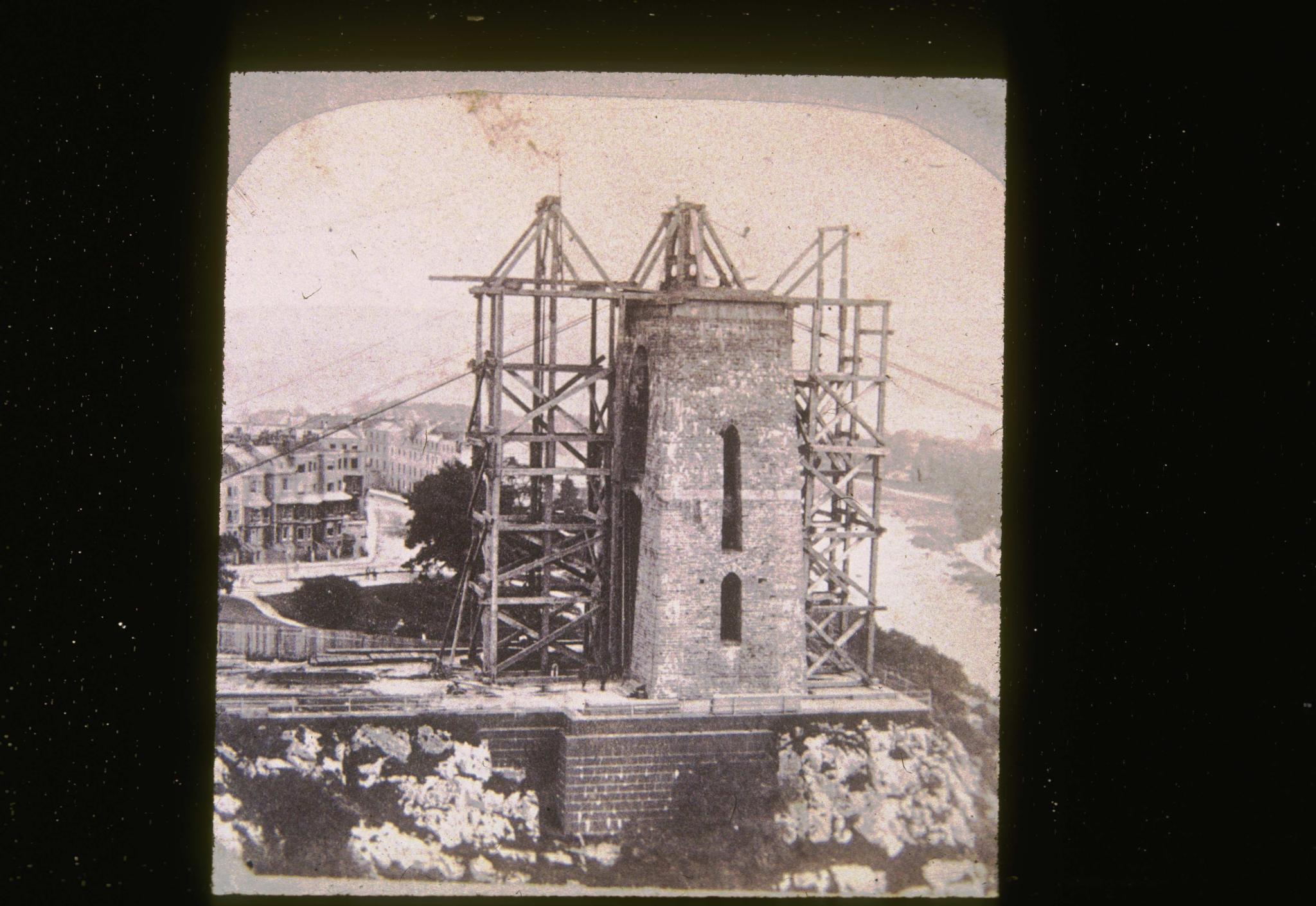 Historic photograph of the Clifton Bridge circa 1858.  The photograph is…