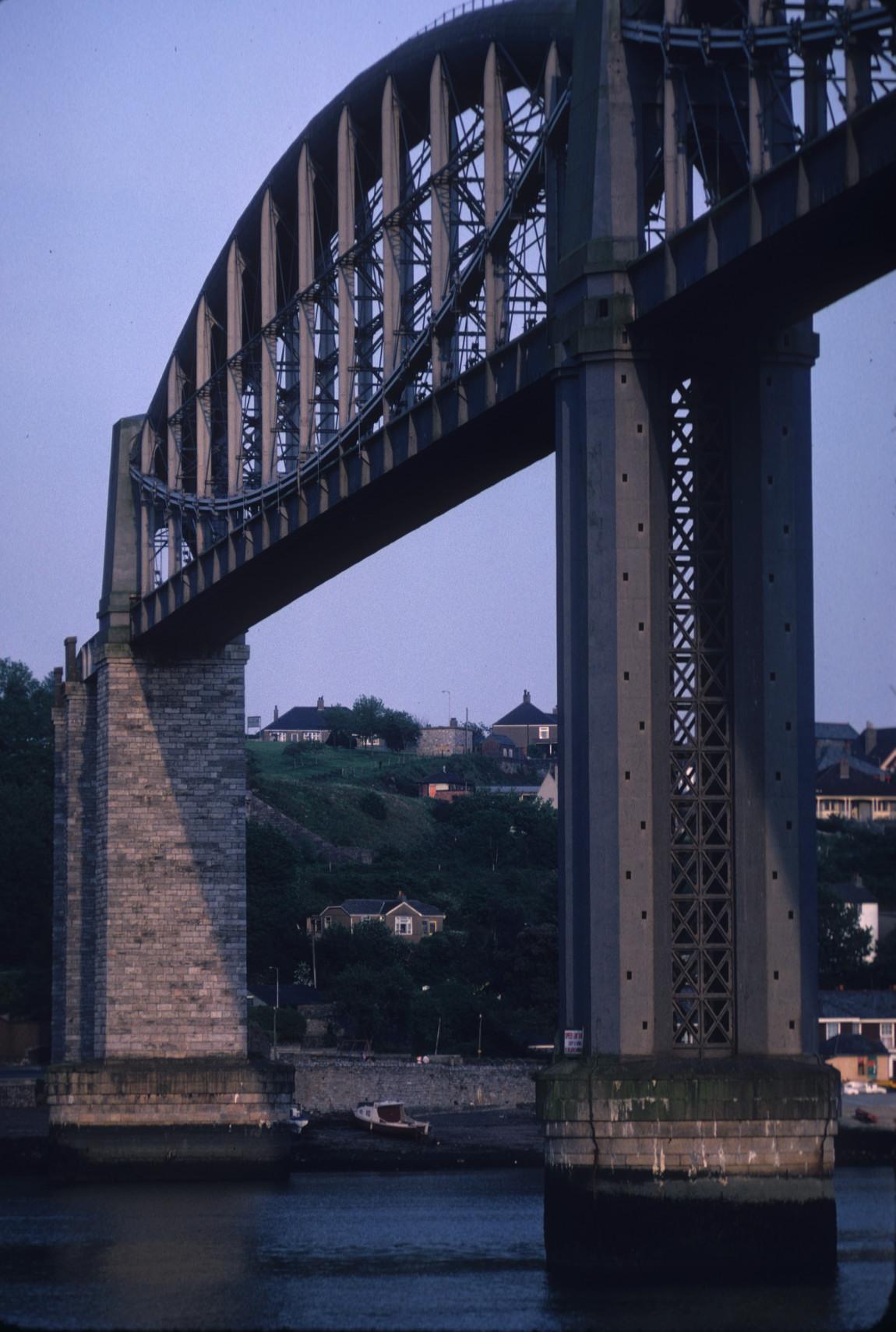 View towards the Plymouth side of the Royal Albert Bridge over the River Tamar.