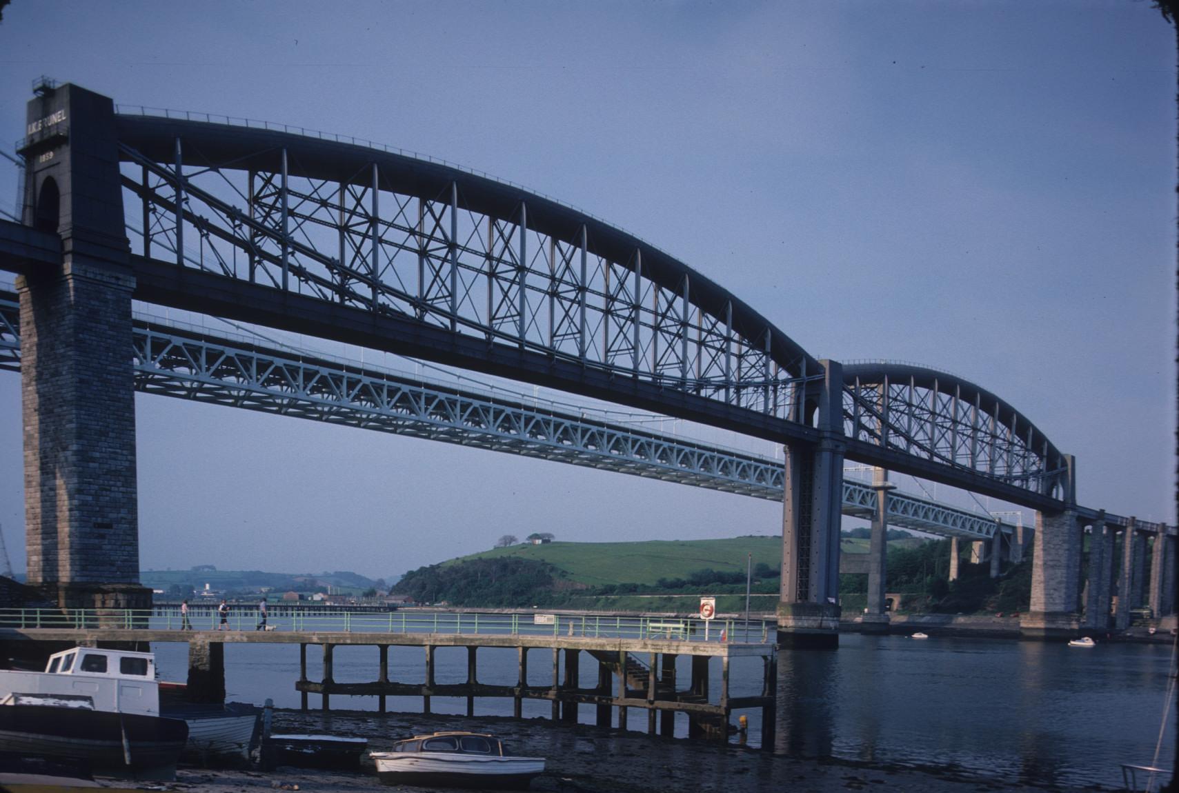 South face of the Royal Albert Bridge over the River Tamar, Tamar Bridge is…