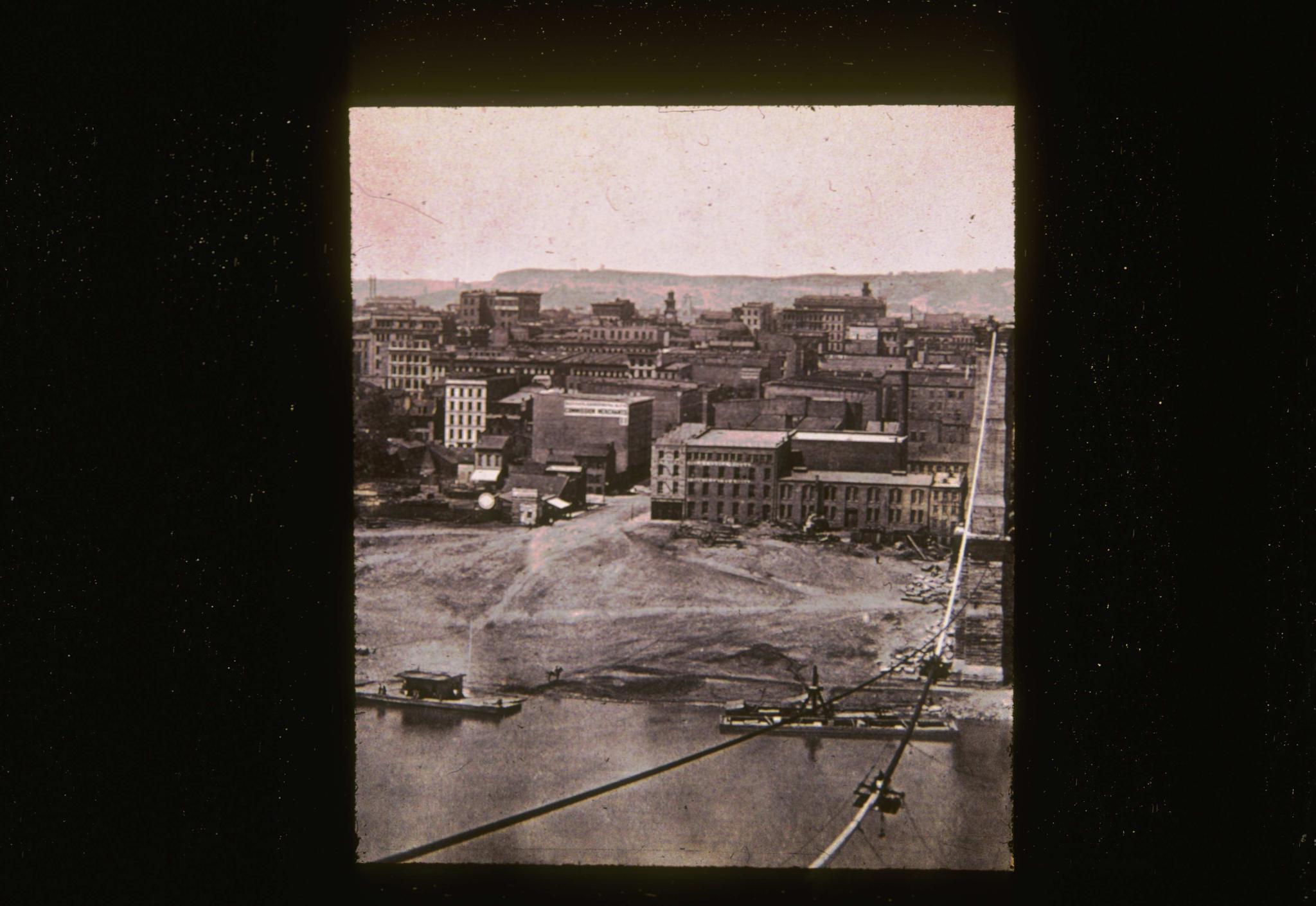 Historic photograph of the Cincinnati Bridge during construction.  Photograph…