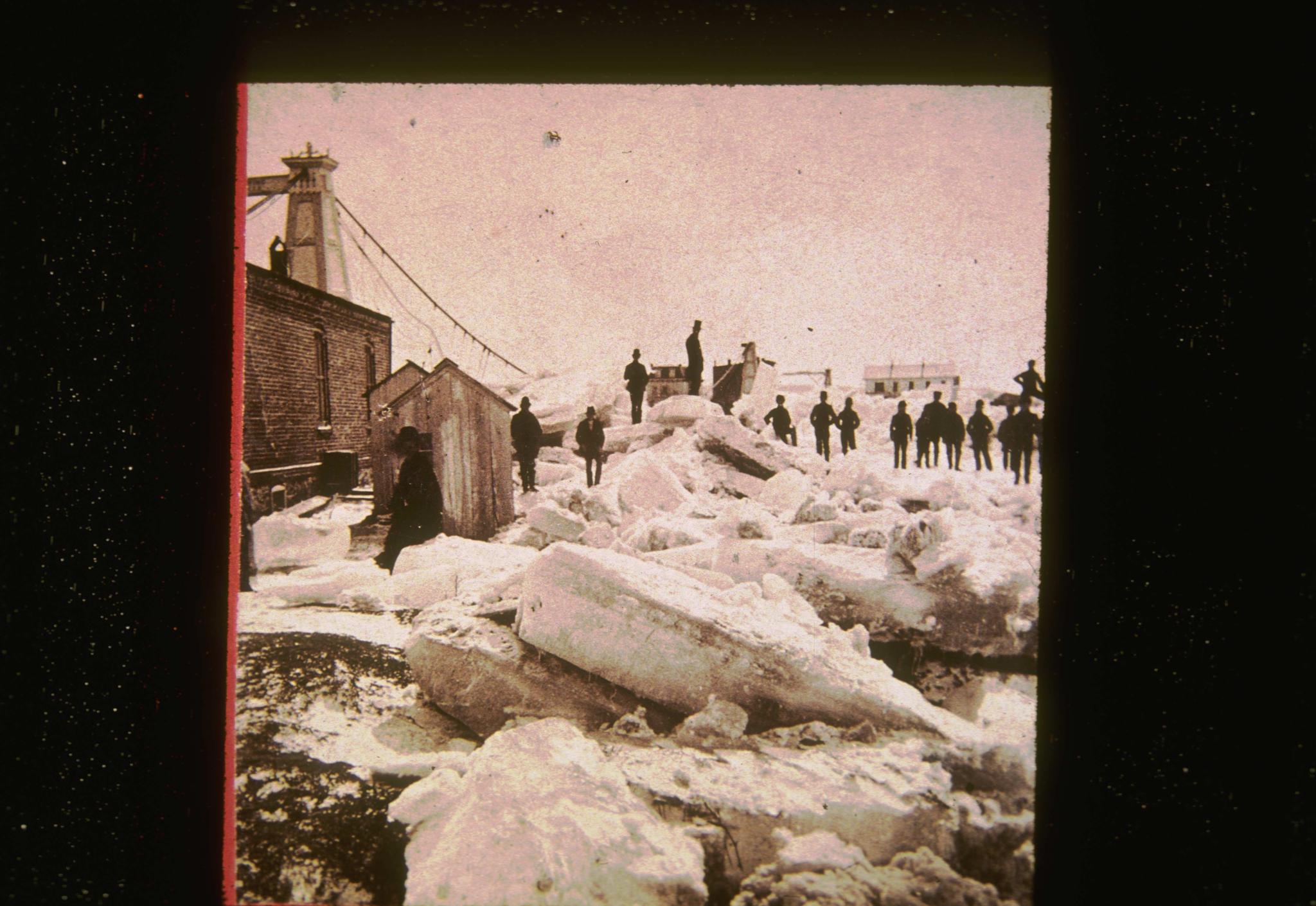 Historic photograph of a large ice jam at the Port Jervis bridge in the 1880s…