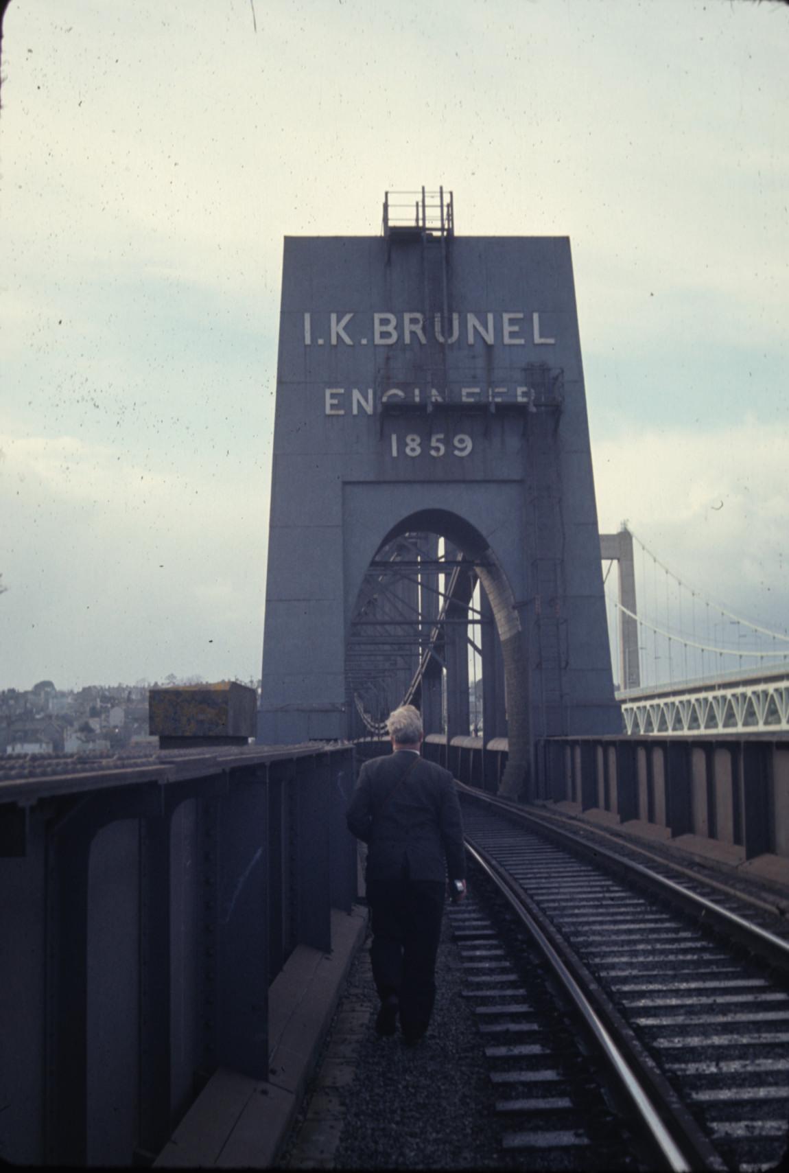 Looking west towards Cornwall on the Royal Albert Bridge over the River Tamar.