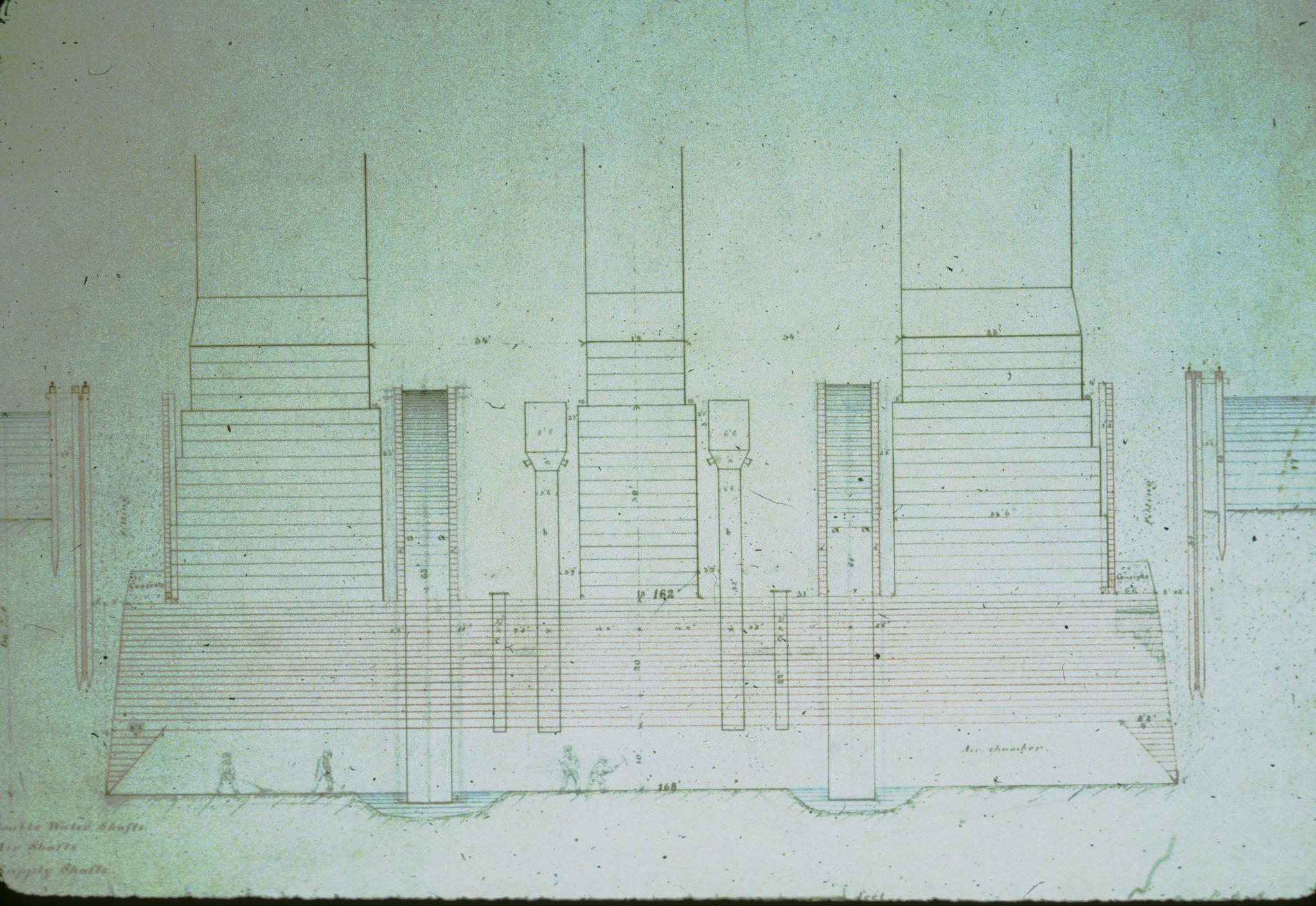 Undated drawing of a caisson of the Brooklyn Bridge.  One of a series of slides…