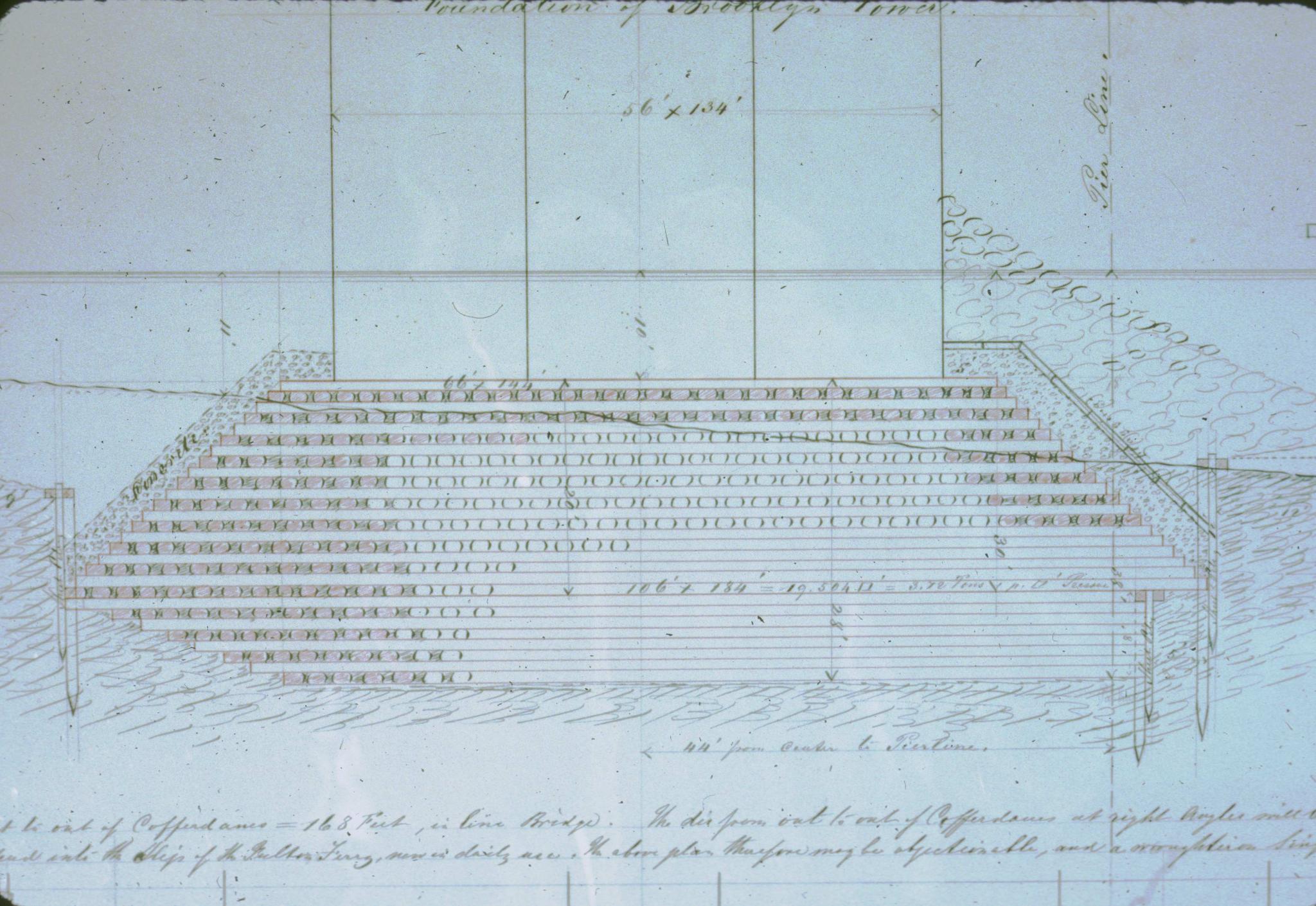 Undated drawing of the foundation of one of the towers of the Brooklyn Bridge…