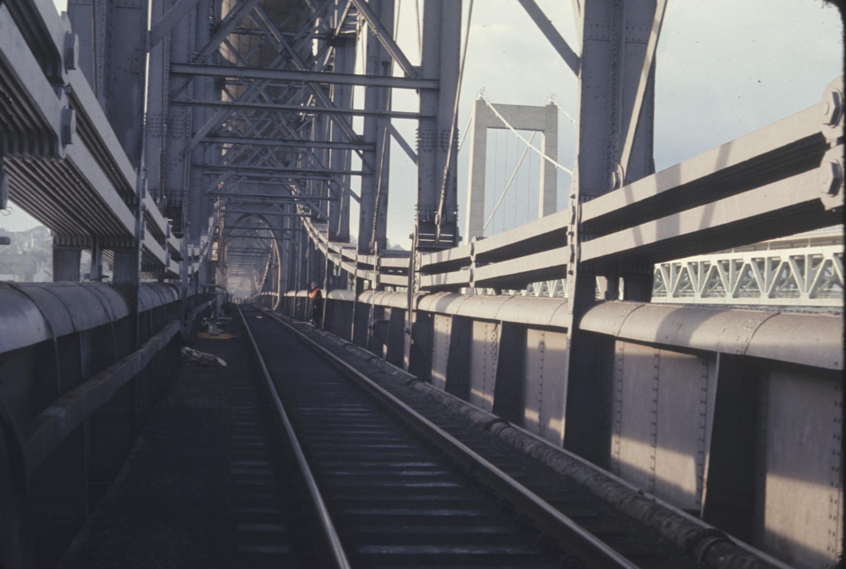 View through the Royal Albert Bridge over the River Tamar, from east to west.…