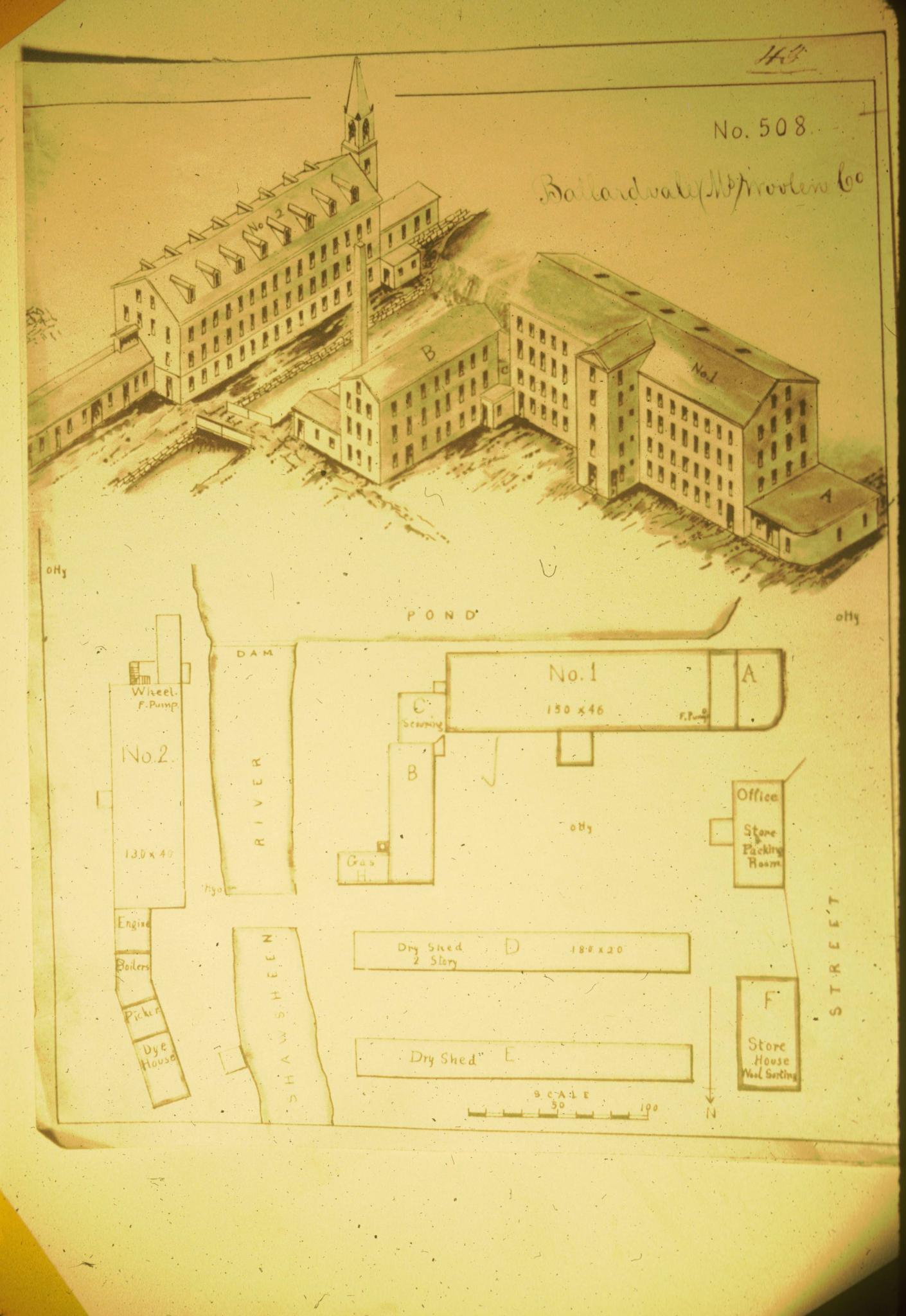 Isometric drawing and plan of Ballardvale Woolen Company mill circa. 1870 taken…